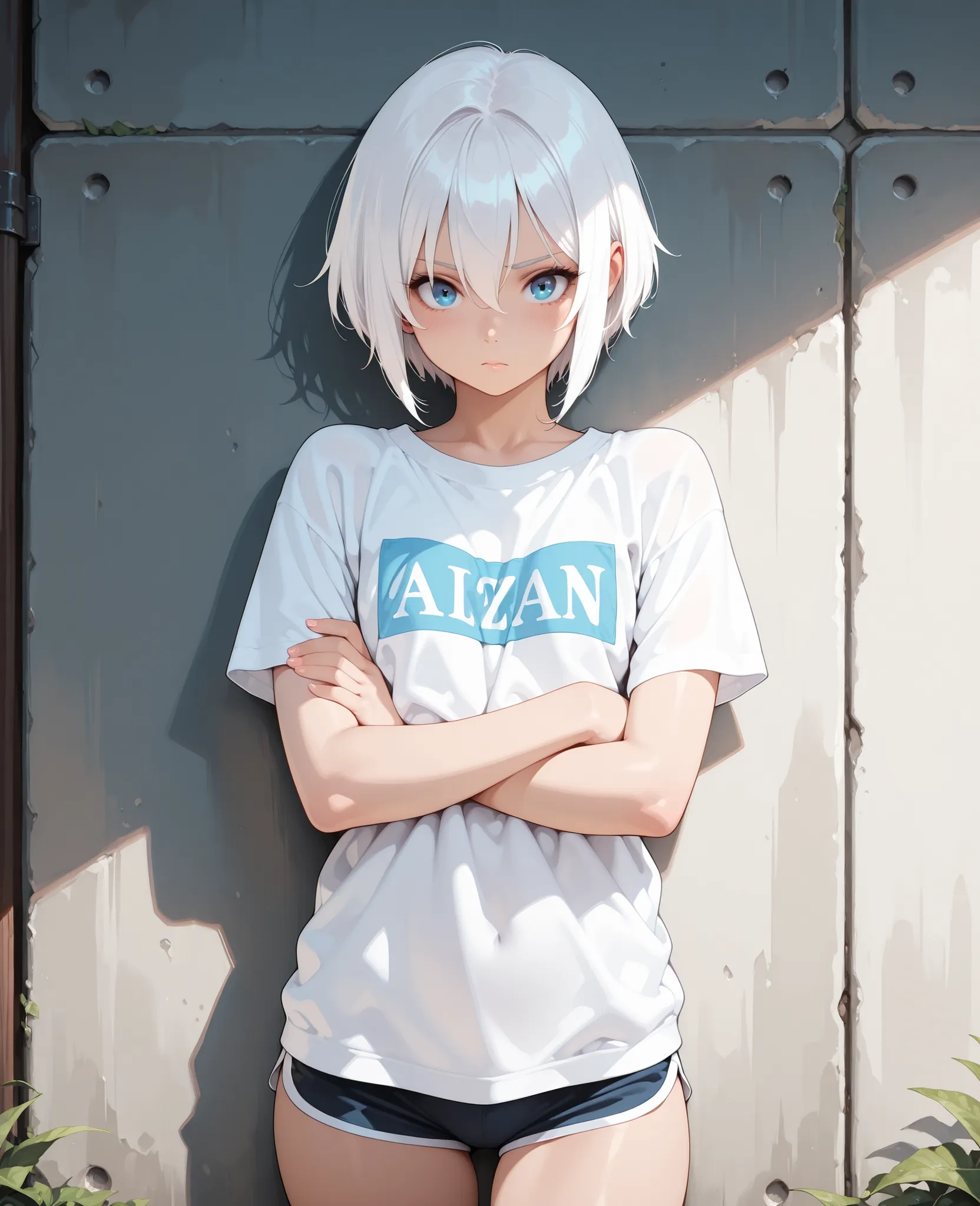 1girl, young woman, beautiful woman, 4K,masterpiece,SFW,girl,blue eyes,white hair,short hair, standing, leaning against wall, looking down at viewer, arms crossed