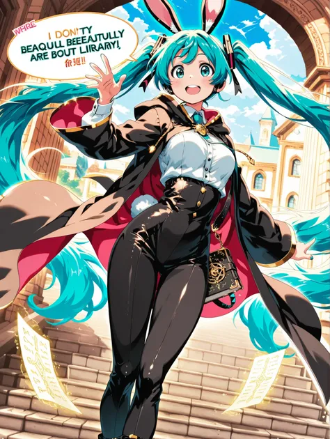 (masterpiece、Top quality、Top quality、official art、Beautiful Beautiful:1.2),Hatsune Miku、beautiful breasts、 light pink twin tails 、a confident female thief with long white rabbit ears、holding an old spellbook on one arm、popping out of the front door of a sp...