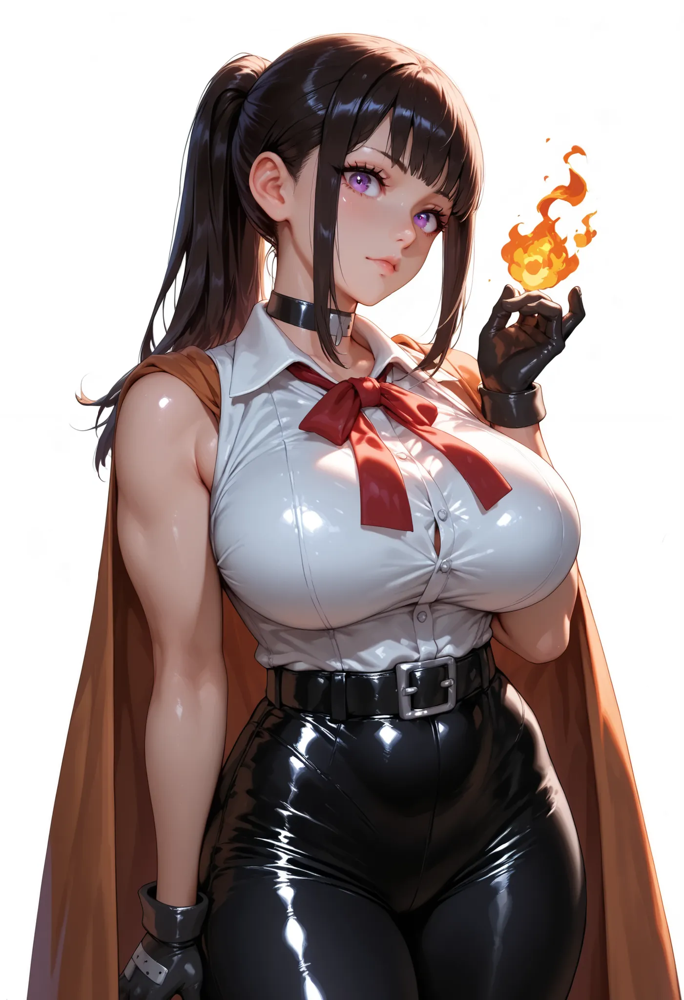 Maki oze, default hair, wearing a button fown shiry, sleeveless, black tight pants, elegant footwear, red tie, black gloves, black belt, , voluptuous body, extremely curvy body, ,, big breasts, trained body, hottest girl in the universe, cutest girl in the...