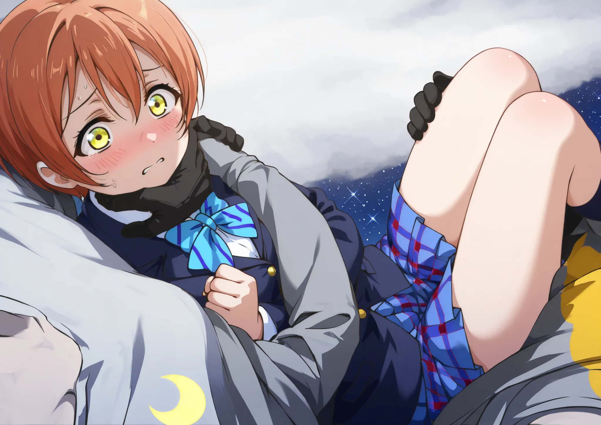 1girl,unwellness hoshizora rin, striped, short hair, blush, otonokizaka school uniform, lovelive_rin black blazer, blue plaid skirt, blue stripe bowtie, orange hair, very short hair, hair between eyes, yellow green eyes,knee up,crescent moon, stars (sky), ...