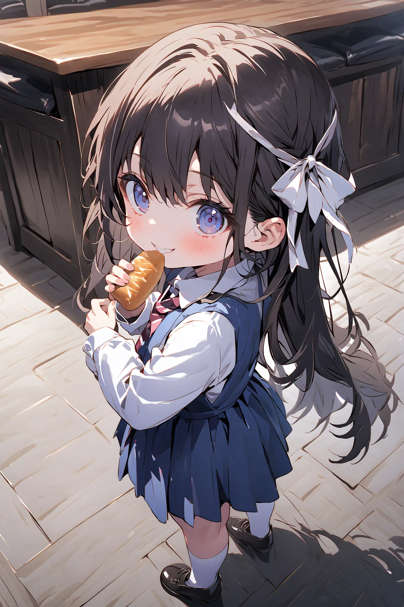 one girl、restaurant、uniform、dark haired、Long Hair、ribbon on head、(Elementary school student)、 feeding、Smiling、full body image、face up with ties