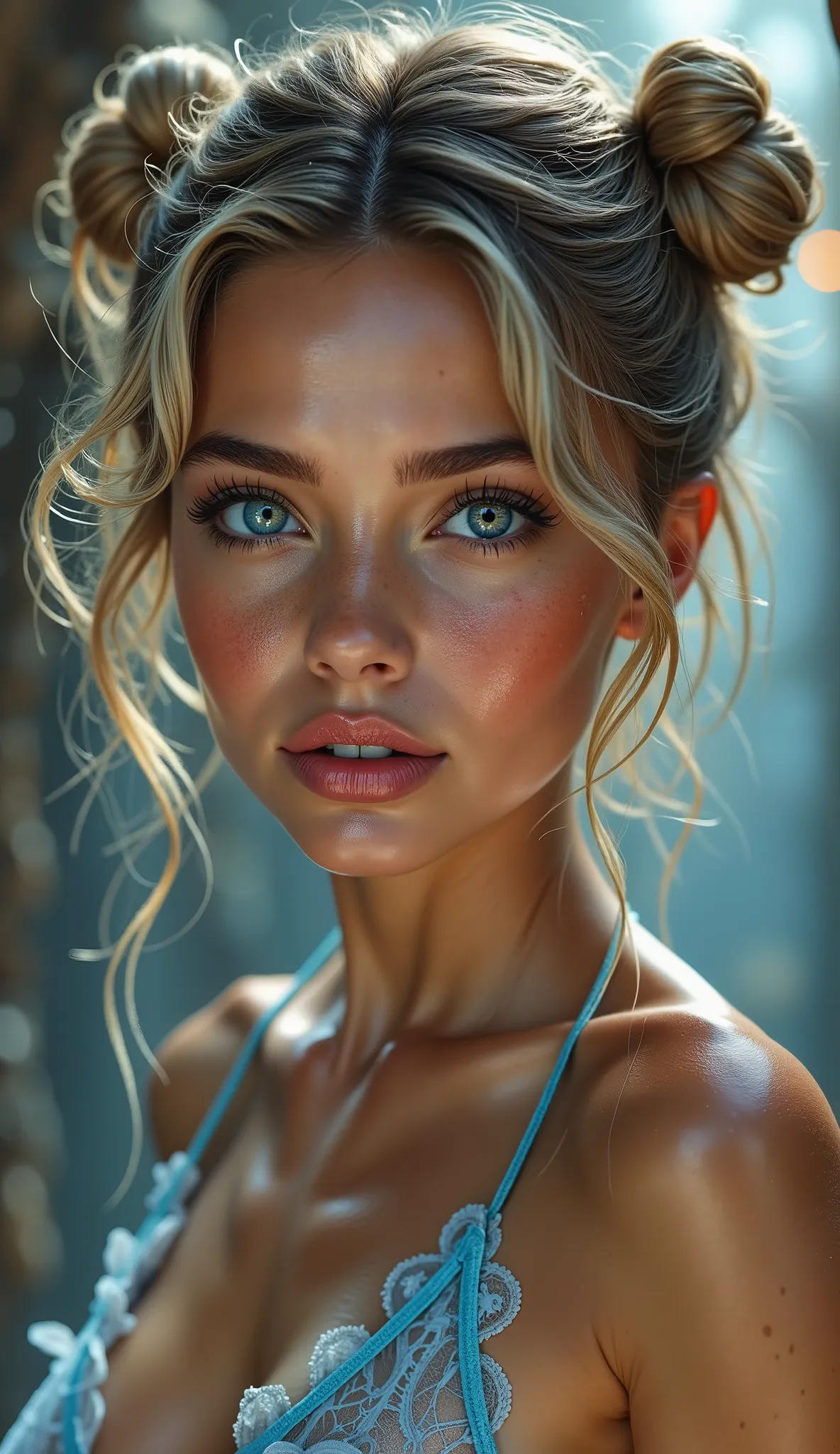 Realistic (photorealistic Realism), (high resolution), ((intricately detailed digital art)), professional low coloured and contrast photography a vibrant portrait of a young woman with striking blue eyes and blonde hair styled in playful buns. She features...