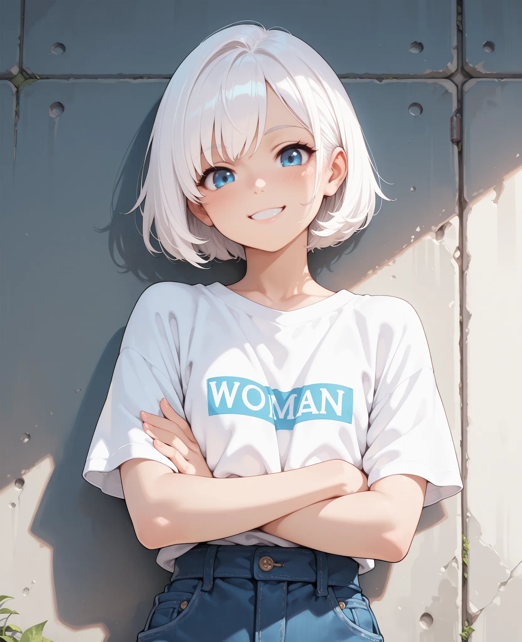 1girl, young woman, beautiful woman, 4K,masterpiece,SFW,girl,blue eyes,white hair,short hair, smiling, light blush standing, leaning against wall, leaning sideways, looking down at viewer, arms crossed,