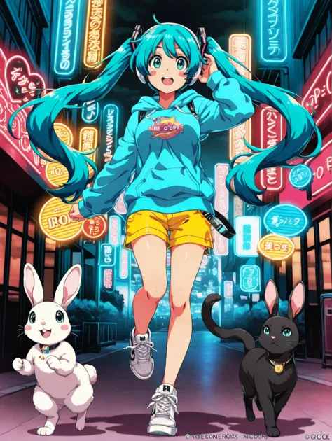 (masterpiece、Top quality、Top quality、official art、Beautiful Beautiful:1.2),Hatsune Miku、beautiful breasts、 light pink twin tails 、night、in a city where neon lights shine、An energetic and bright woman in her late 20s is walking,pop icons like stars,pastelピン...