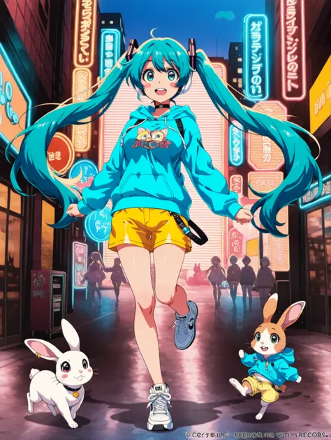 (masterpiece、Top quality、Top quality、official art、Beautiful Beautiful:1.2),Hatsune Miku、beautiful breasts、 light pink twin tails 、night、in a city where neon lights shine、An energetic and bright woman in her late 20s is walking,pop icons like stars,pastelピン...