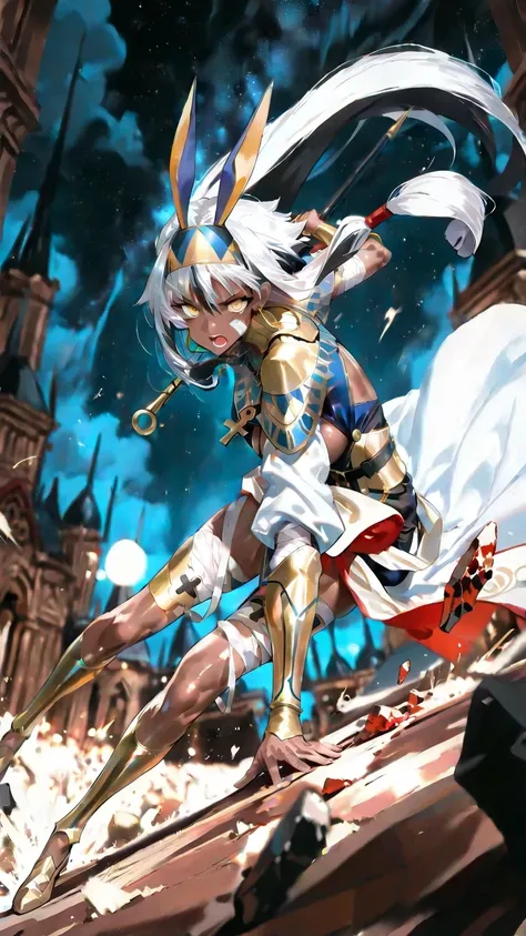 master piece,best quality,ultra detailed,ultra hires,8k,FGO,detailed beautiful face,beautiful detailed eyes,cinematic lighting,Dark,night,looking at viewer,1girl,solo,rod,nitocris,yellow eyes,headband,white hair,dark skin,ankh,bandaged,earrings,bunny girl outfit,black leotard,looking up,light,bracer,earrings,thighlet,sweat