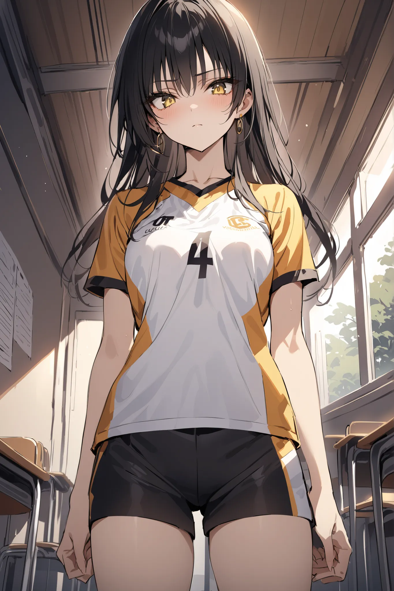 ((masterpiece,Highest Quality:1.2)),(soro),Slender, slender high school girl standing in the classroom and looking down at you,cowboy shot,black long hair,Perfect yellow eyes, tree eyes ,serious expressionless,volleyball uniform,Gold Earrings