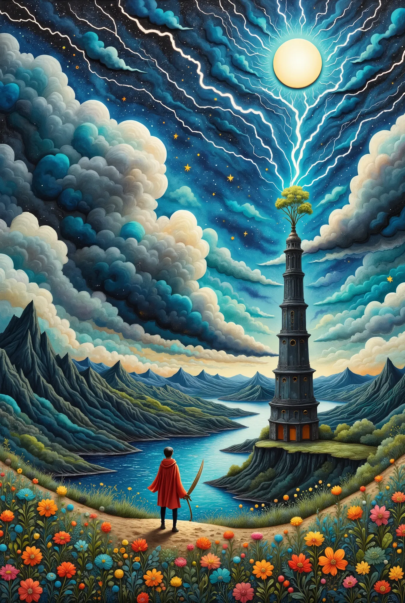 oil painting art , disaster々Shiny black tower , catches lightning and makes its silhouette float, Deep Valley , dark clouds spring up into the sky , lightning falls many times from dark clouds , ( A long round radish stands on a cliff , Back view, ...