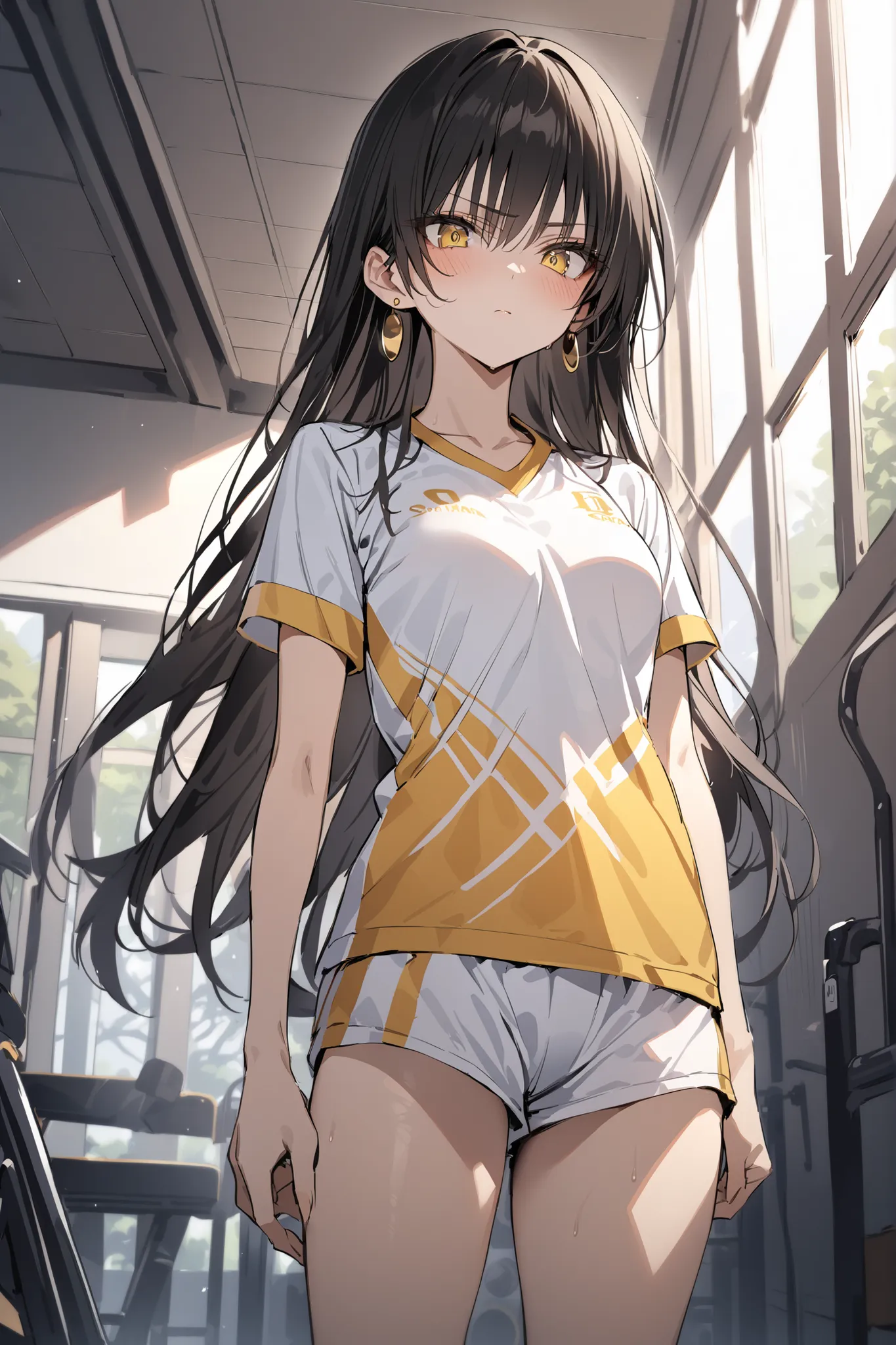 ((masterpiece,Highest Quality:1.2)),(soro),Slender, slender high school girl standing in the school gymnasium and looking down at you,cowboy shot,black long hair,Perfect yellow eyes, tree eyes ,serious expressionless,volleyball uniform,Gold Earrings