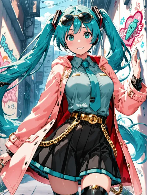 (masterpiece、Top quality、Top quality、official art、Beautiful Beautiful:1.2),Hatsune Miku、beautiful breasts、 light pink twin tails 、a cartoon gang rabbit with a mischievous smile, wears a flashy gold chain, sunglasses, and、gritty comic style that emphasizes ...