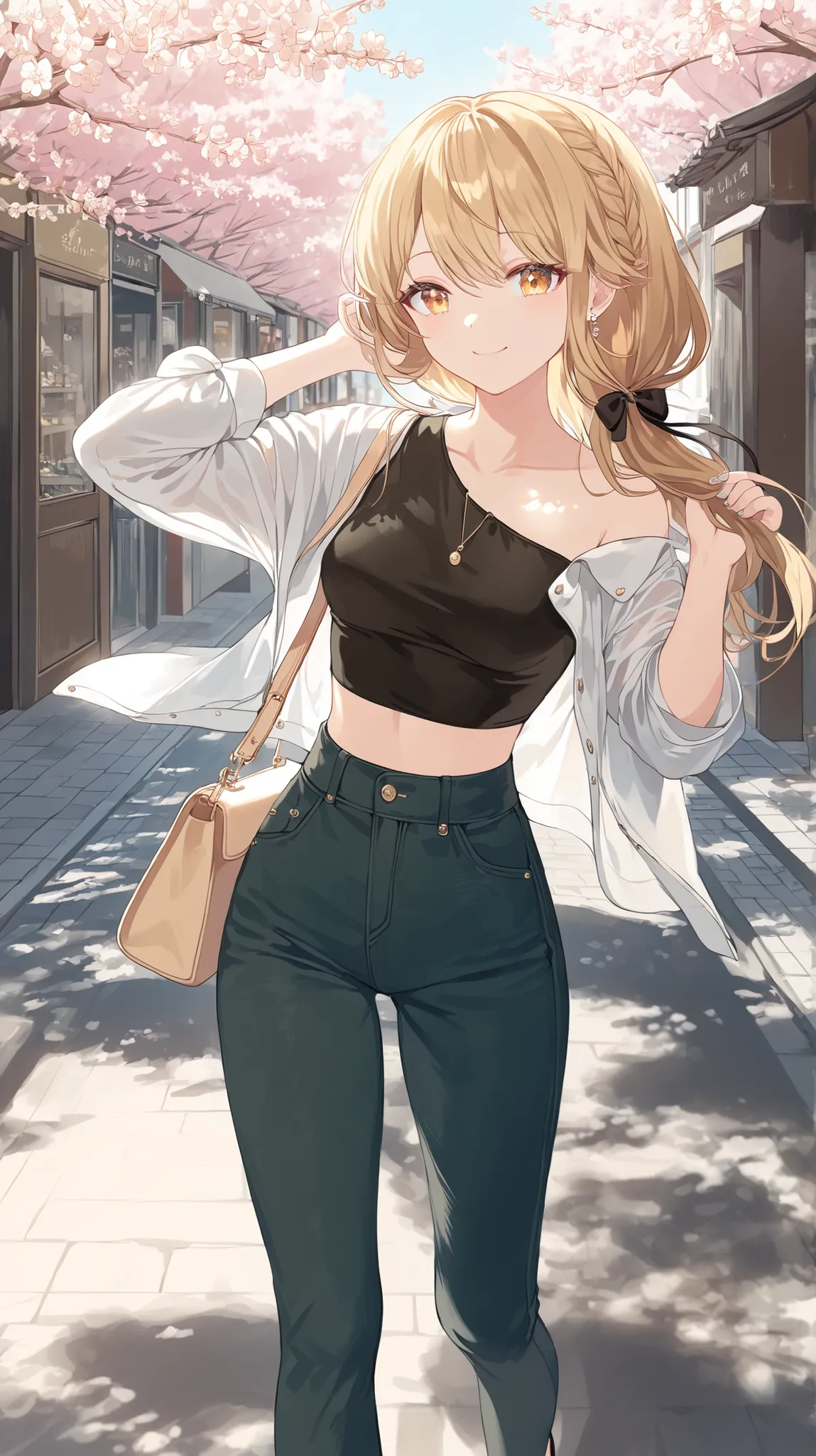 korean young woman, long hazelnut hair made into elegant and cute hairstyle, light orange-yellow eyes, small round face, cute smile, small breasts, wearing black unbuttoned shirt and dark green crop top under it, she is wearing dark brown jeans, beige hand...