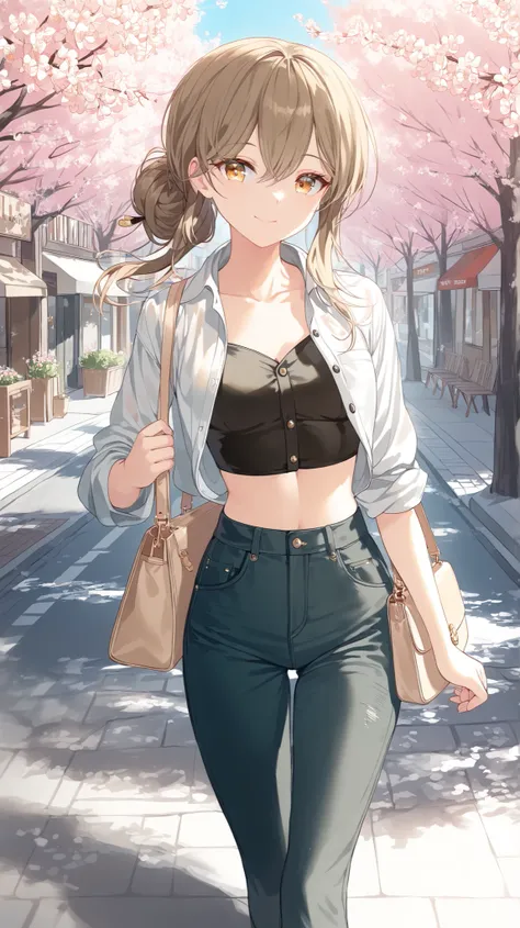 korean young woman, long hazelnut hair made into elegant hairstyle, light orange-yellow eyes, small round face, cute smile, small breasts, wearing black unbuttoned shirt and underneath the shirt she has dark green crop top, she is wearing dark brown jeans,...