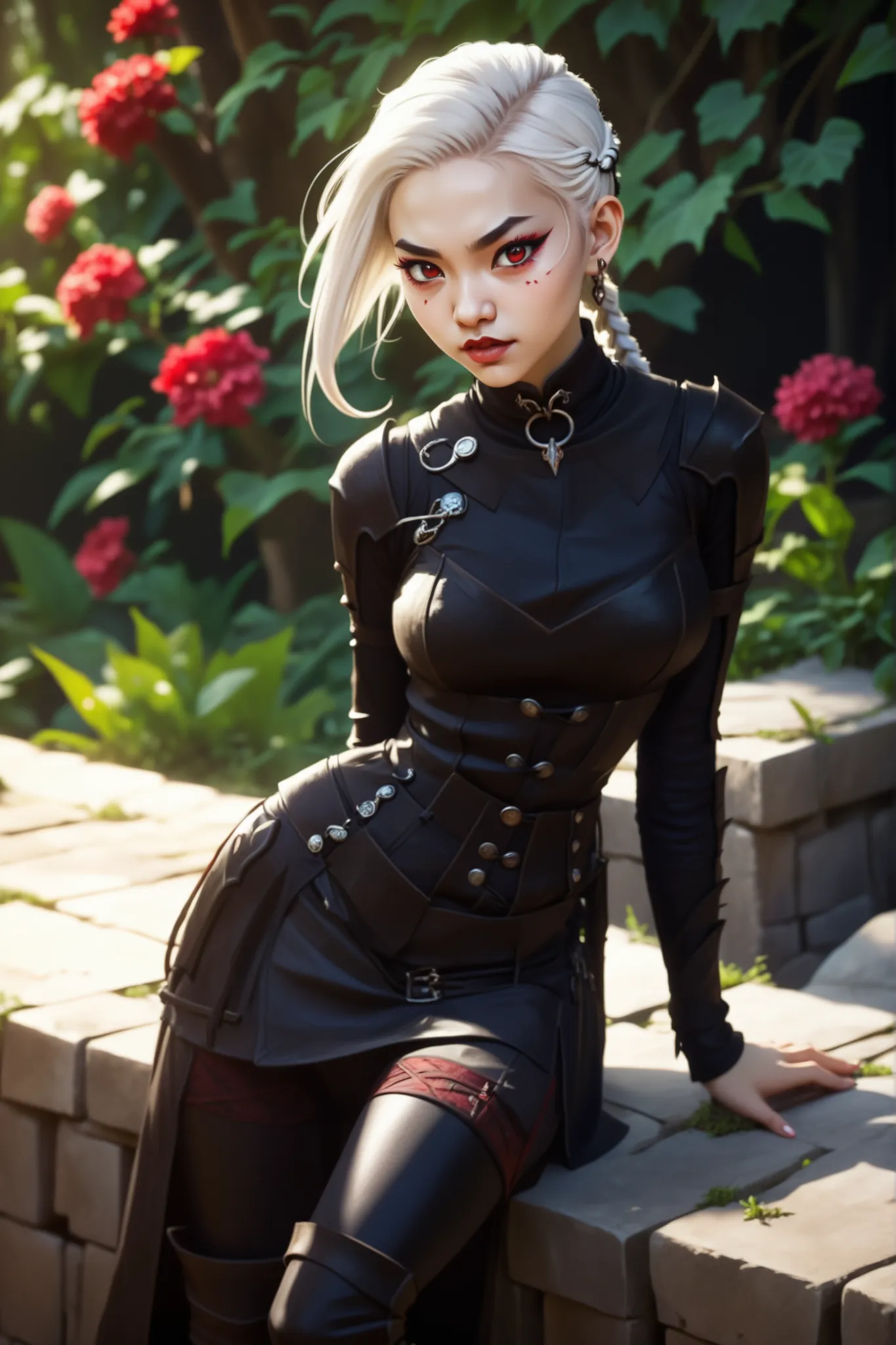 Slender body. White skin. Cute 18-year-old Asian bat-demon girl with Asian red eyes and sharp teeth and dreadlocks with white highlights. She has a cute and beautiful face. She has a round and young face with a pointy chin. Her black body is athletic with ...