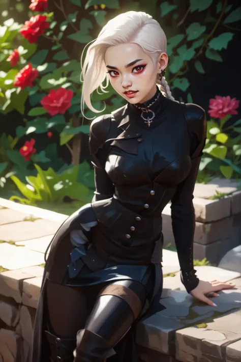 Slender body. White skin. Cute 18-year-old Asian bat-demon girl with Asian red eyes and sharp teeth and dreadlocks with white highlights. She has a cute and beautiful face. She has a round and young face with a pointy chin. Her black body is athletic with ...