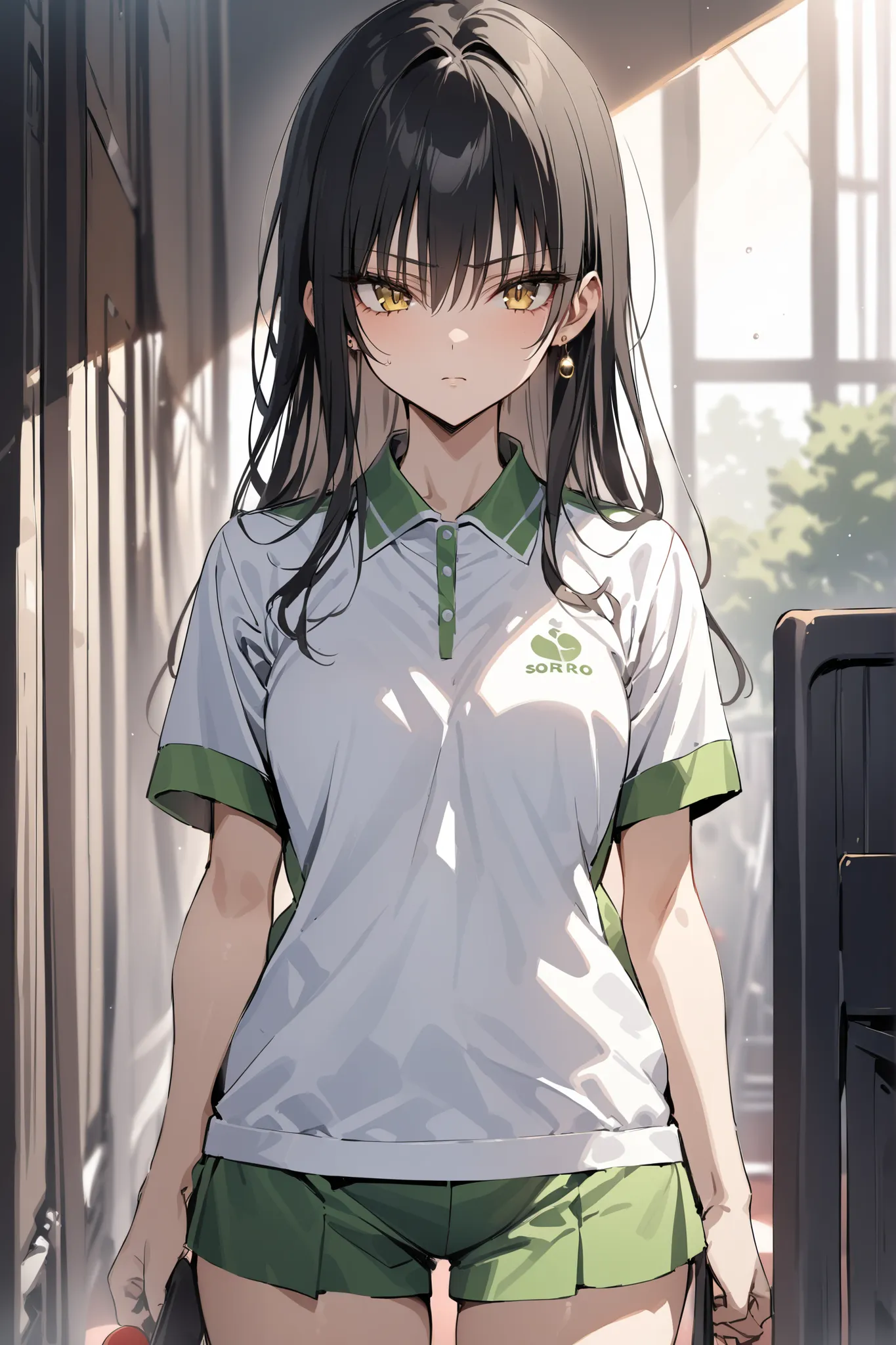 ((masterpiece,Highest Quality:1.2)),(soro),Slender, slender high school girl standing in the school gymnasium and looking down at you,cowboy shot,black long hair,Perfect yellow eyes, tree eyes ,serious expressionless,Table Tennis Uniform,Gold Earrings