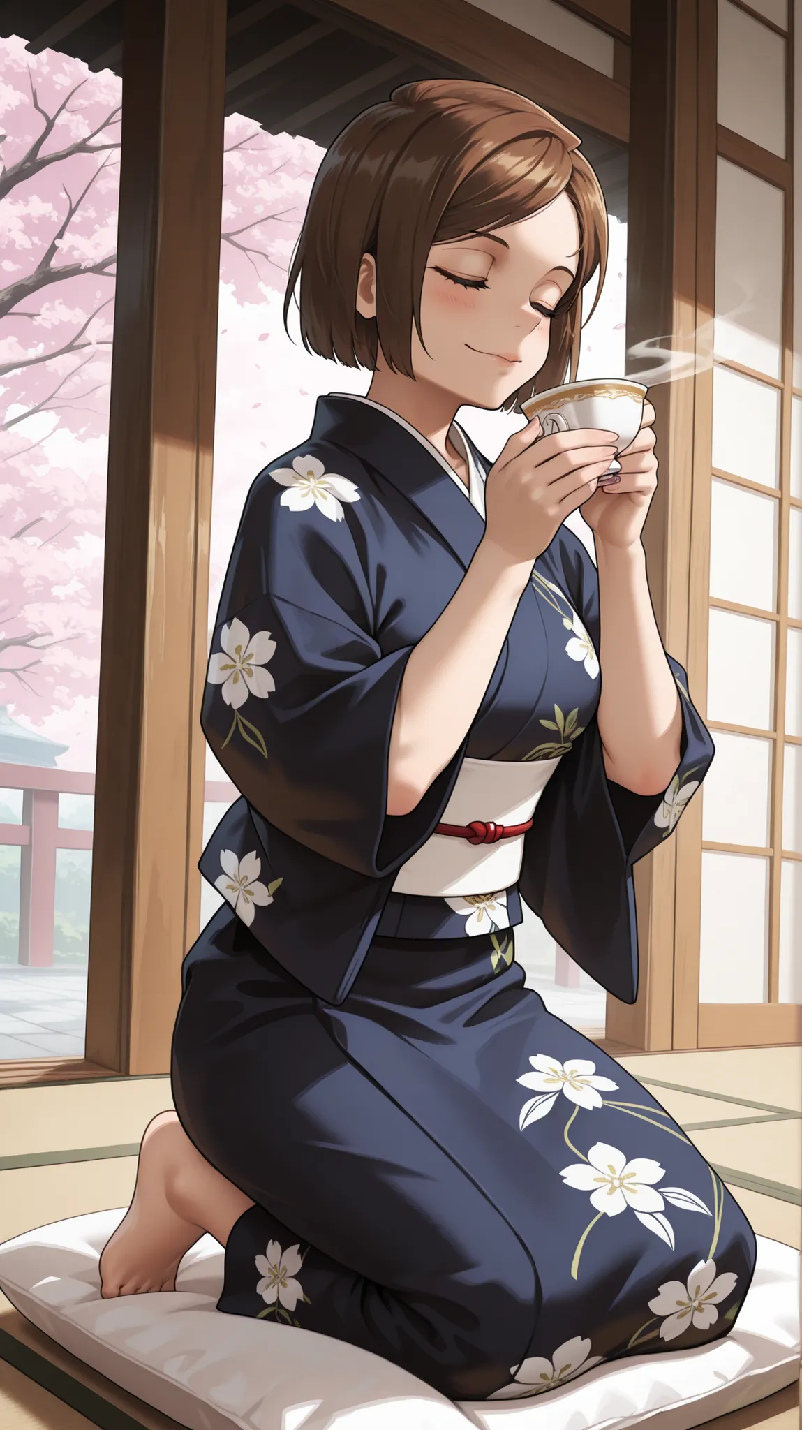 1girl, 2hands, masterpiece, wide angle, full body, shot side ways, best quality, amazing quality, girl, relaxed, barefoot, short hair, brown hair, brown eyes, dark blue kimono, white flower pattern, white obi, indoors, cherry blossoms outside, kneeling on ...