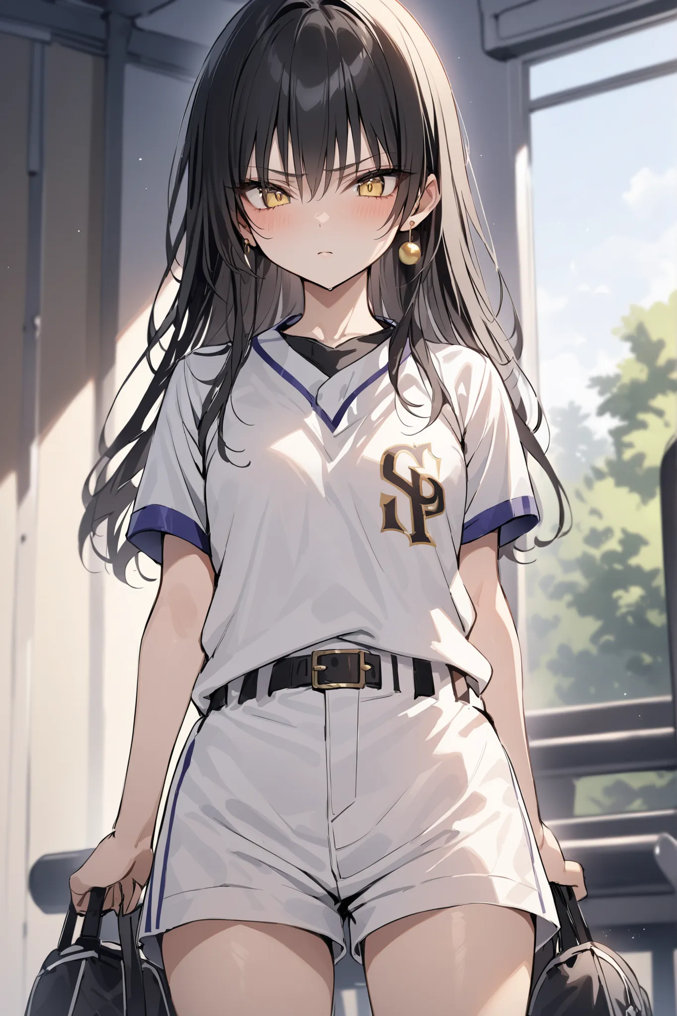 ((masterpiece,Highest Quality:1.2)),(soro),Slender, slender high school girl standing in the school gymnasium and looking down at you,cowboy shot,black long hair,Perfect yellow eyes, tree eyes ,serious expressionless,softball uniform that can insert a gag ...