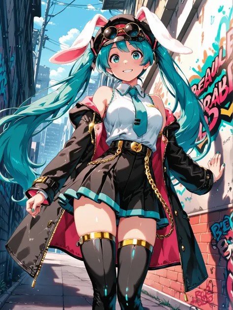 (masterpiece、Top quality、Top quality、official art、Beautiful Beautiful:1.2),Hatsune Miku、beautiful breasts、 light pink twin tails 、Confident White Rabbit Eared Female Thief,a cartoon gang rabbit with a mischievous smile, wears a flashy gold chain, sunglasse...