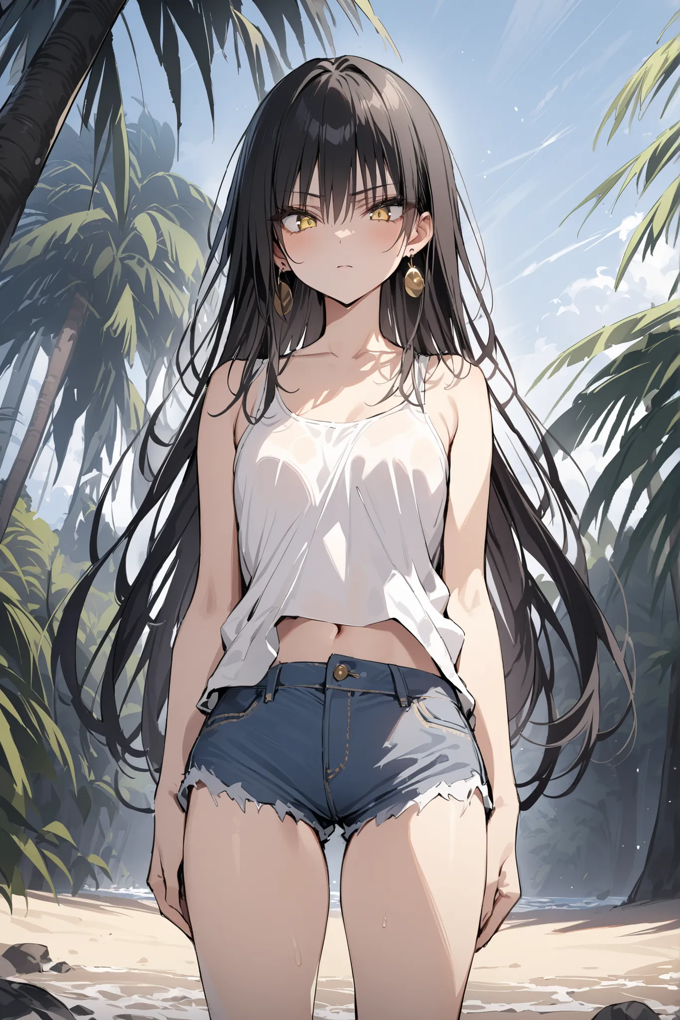 ((masterpiece,Highest Quality:1.2)),(soro),A slender, slender high school girl standing on the beach and looking down at you,cowboy shot,black long hair,Perfect yellow eyes, tree eyes ,serious expressionless,white tank top,denim shorts,Gold Earrings