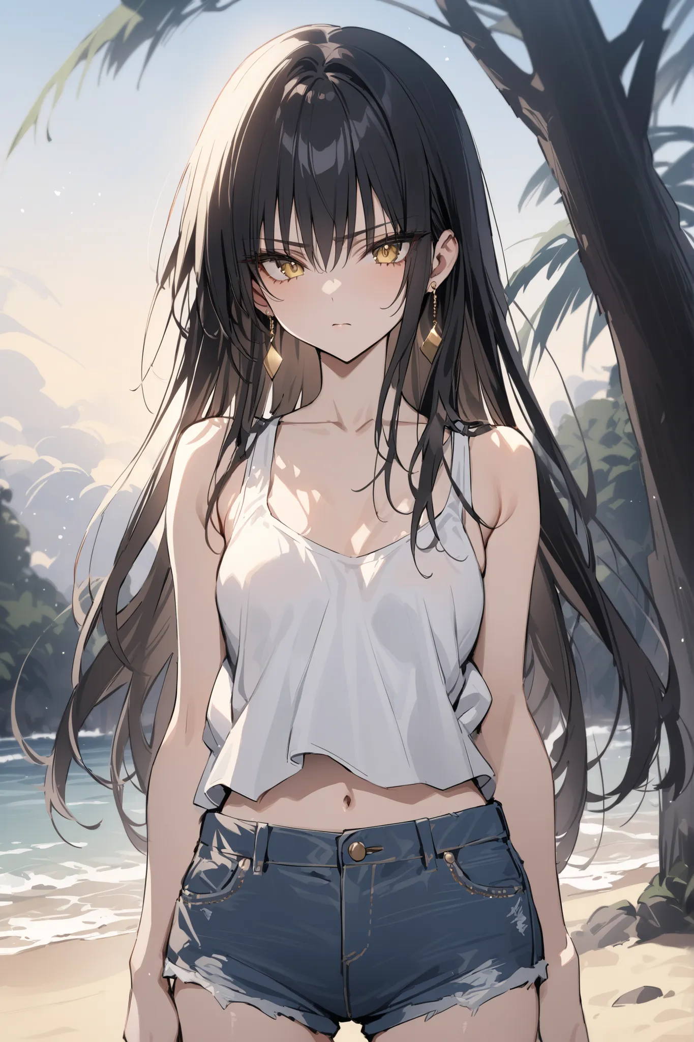 ((masterpiece,Highest Quality:1.2)),(soro),A slender, slender high school girl standing on the beach and looking down at you,cowboy shot,black long hair,Perfect yellow eyes, tree eyes ,serious expressionless,white tank top,denim shorts,Gold Earrings