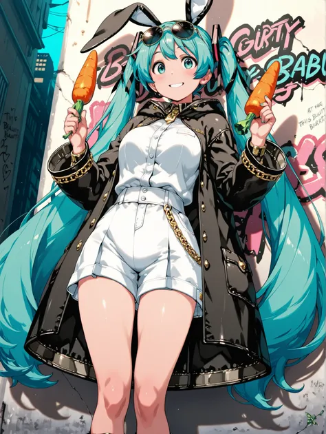 (masterpiece、Top quality、Top quality、official art、Beautiful Beautiful:1.2),Hatsune Miku、beautiful breasts、 light pink twin tails 、Confident White Rabbit Eared Female Thief,a cartoon gang rabbit with a mischievous smile, wears a flashy gold chain, sunglasse...