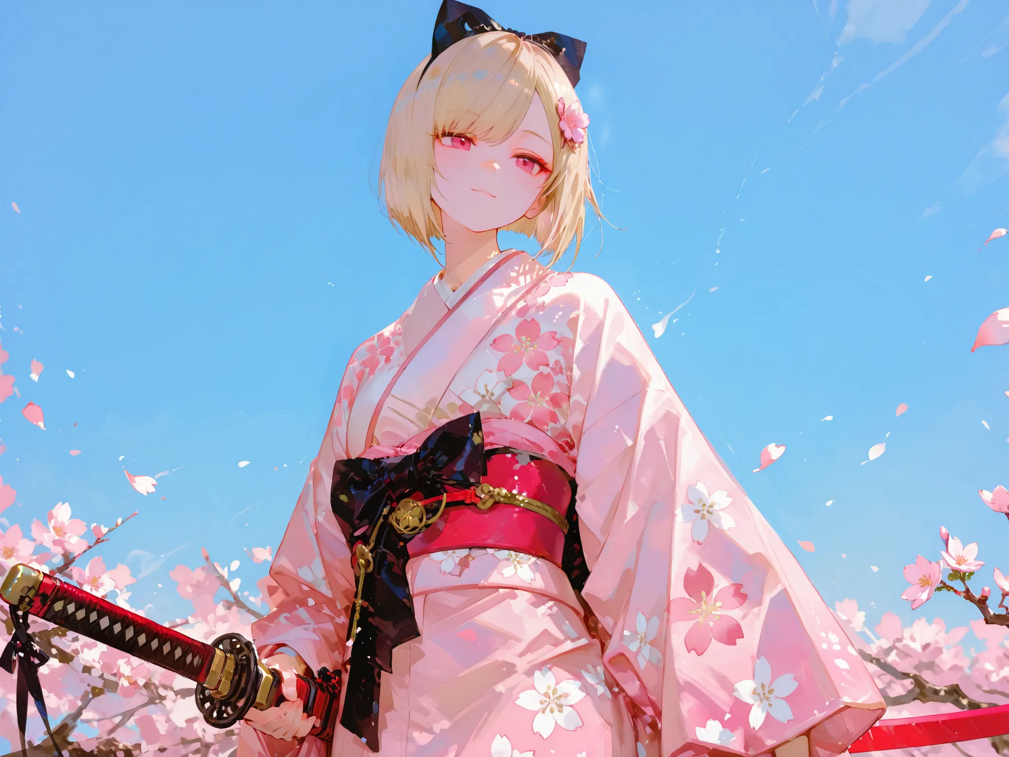 A young woman standing under a clear blue sky, is surrounded by delicate pink cherry blossom petals floating in the air. She wears a traditional Japanese kimono with soft pink hues, plus deep The red belt that hangs around her waist. The flowing sleeves of...