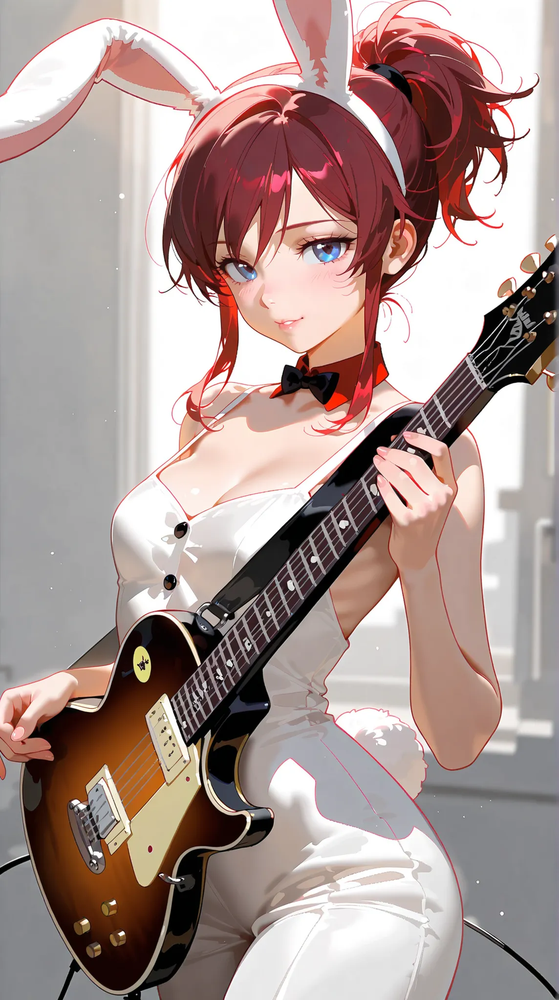 8K (high resolution) (Super Detailed)　(masterpiece)　(Top quality)　anime illustration taste　Detailed eyes　Detailed face　Detailed hands　Delicate hair　 detailed wrinkles on clothes　very elaborate body to hold a guitar　Fine Skin　healthy skin tone with ro in th...