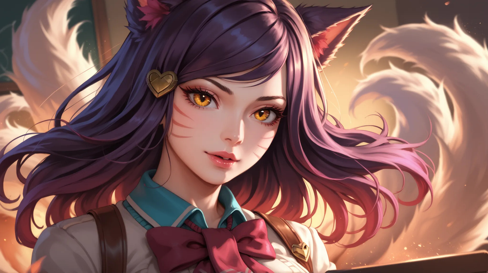 ahri from league of legends, in action, school uniform, school background, detailed facial features, expressive pose, dynamic motion, intricate uniform details, bustling school setting, warm lighting, vibrant colors, intricate background elements, professi...