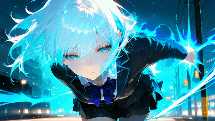 1girl, white hair, multicolor hair, school uniform, walking forward as fragments of memories float behind her, each glowing faint blue, defiant expression, wind blowing hair, monochrome world splitting with blue energy lines, cinematic lighting, motion blu...