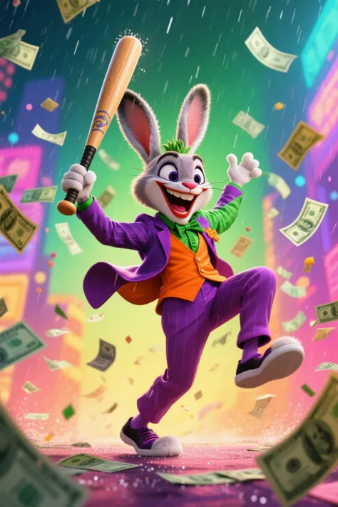 A rabbit with an exaggerated Joker, dressed in the characteristic colors of the Joker (green, purple and orange), smile holding a baseball bat while dancing in a vibrant rain of dollar bills. The scene is colorful and dynamic, with an animated film style.