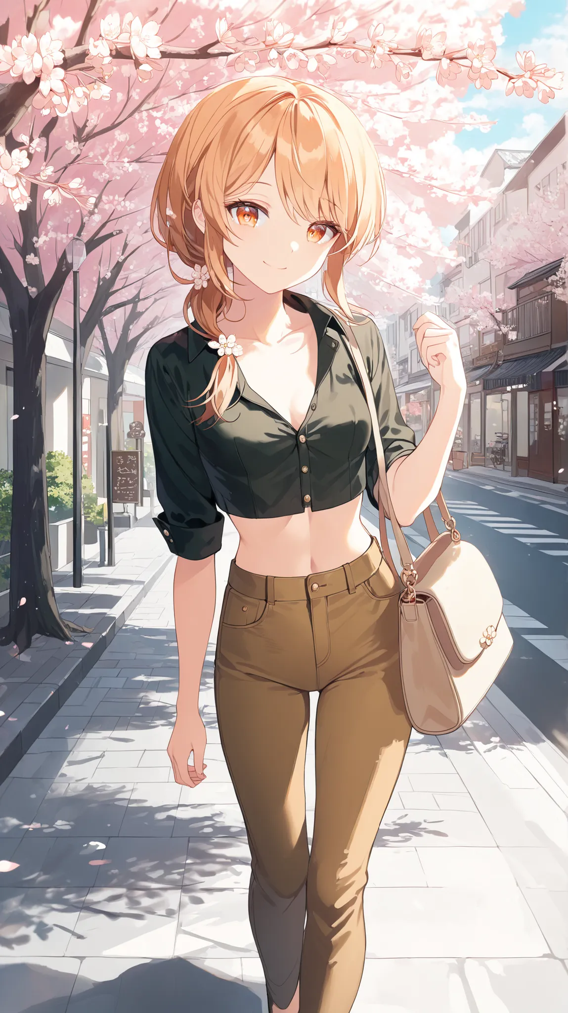 korean young woman, long hazelnut made into elegant and cute hairstyle, light orange eyes, small round face, cute smile, small breasts, wearing black unbuttoned shirt and underneath she has dark green crop top, she is wearing brown jeans, beige handbag ove...