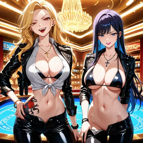 sfw,gyaru,cool beauty, solo woman,2girls, two girls, long hair, cross necklace, , black bracelet, , ear piercing, long hair, , lipstick,Hot girl, baddie, smoking, sensual, attractive ,,cross necklace, bar background, inside bar,indoors, cityscape, casino, ...