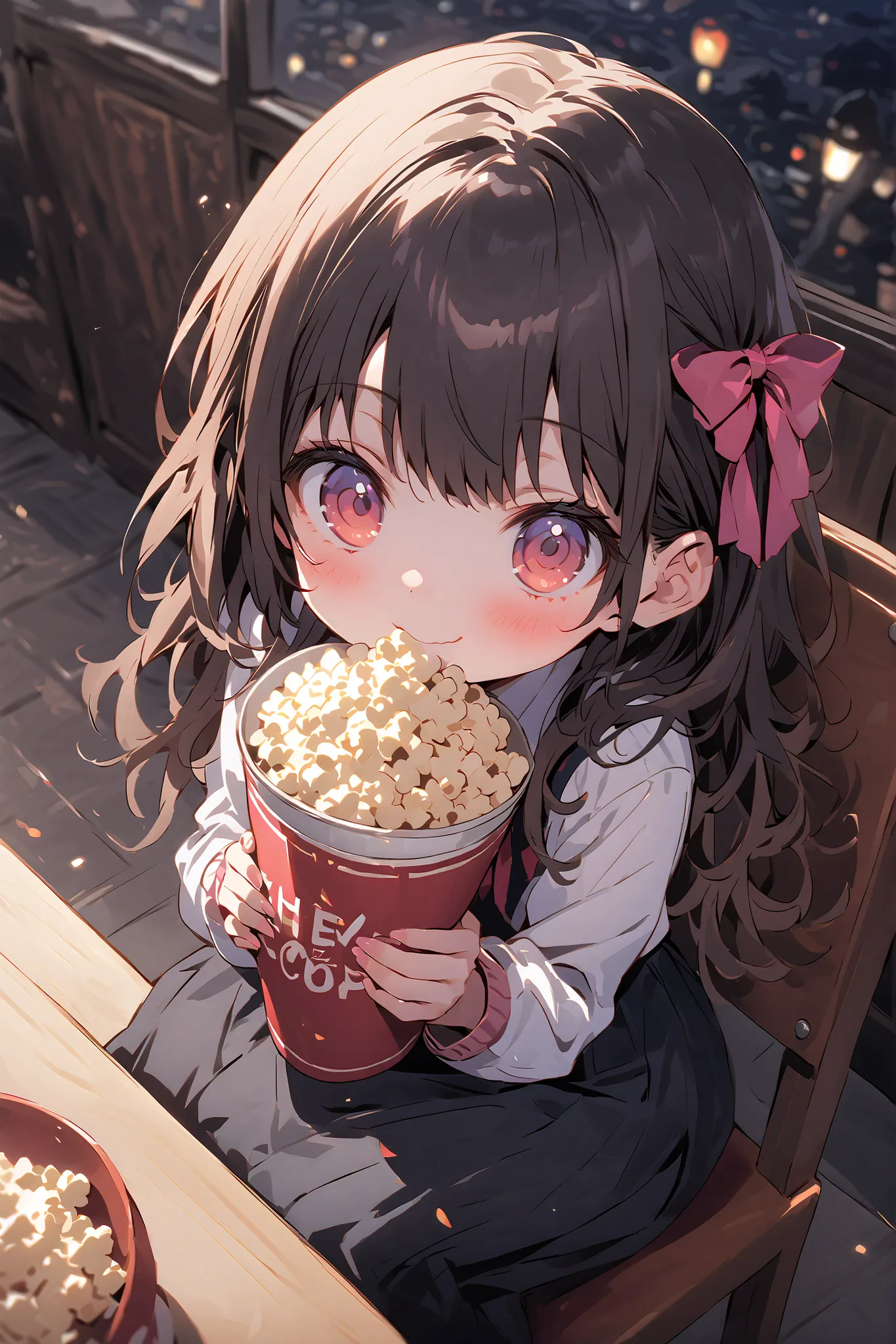 one girl、(Cinematheque)、Night view、uniform、dark haired、Long Hair、ribbon on head、(Elementary school student)、 feeding、Smiling、full body image、face up with ties、Sit on a chair、Have popcorn