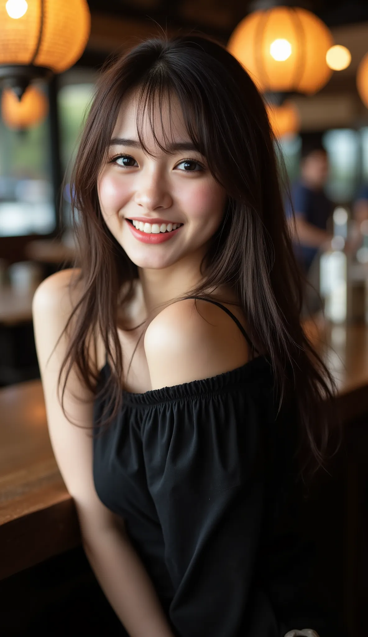 8k, masterpiece, Top quality, beautiful korean woman, full body shot , brown dark long hair, partially hidden face, thin eyebrows, dark eye makeup, direct line of sight, Smiling, Smile,raised corners,Drinking alcohol at the black dress bar counter,sitti...