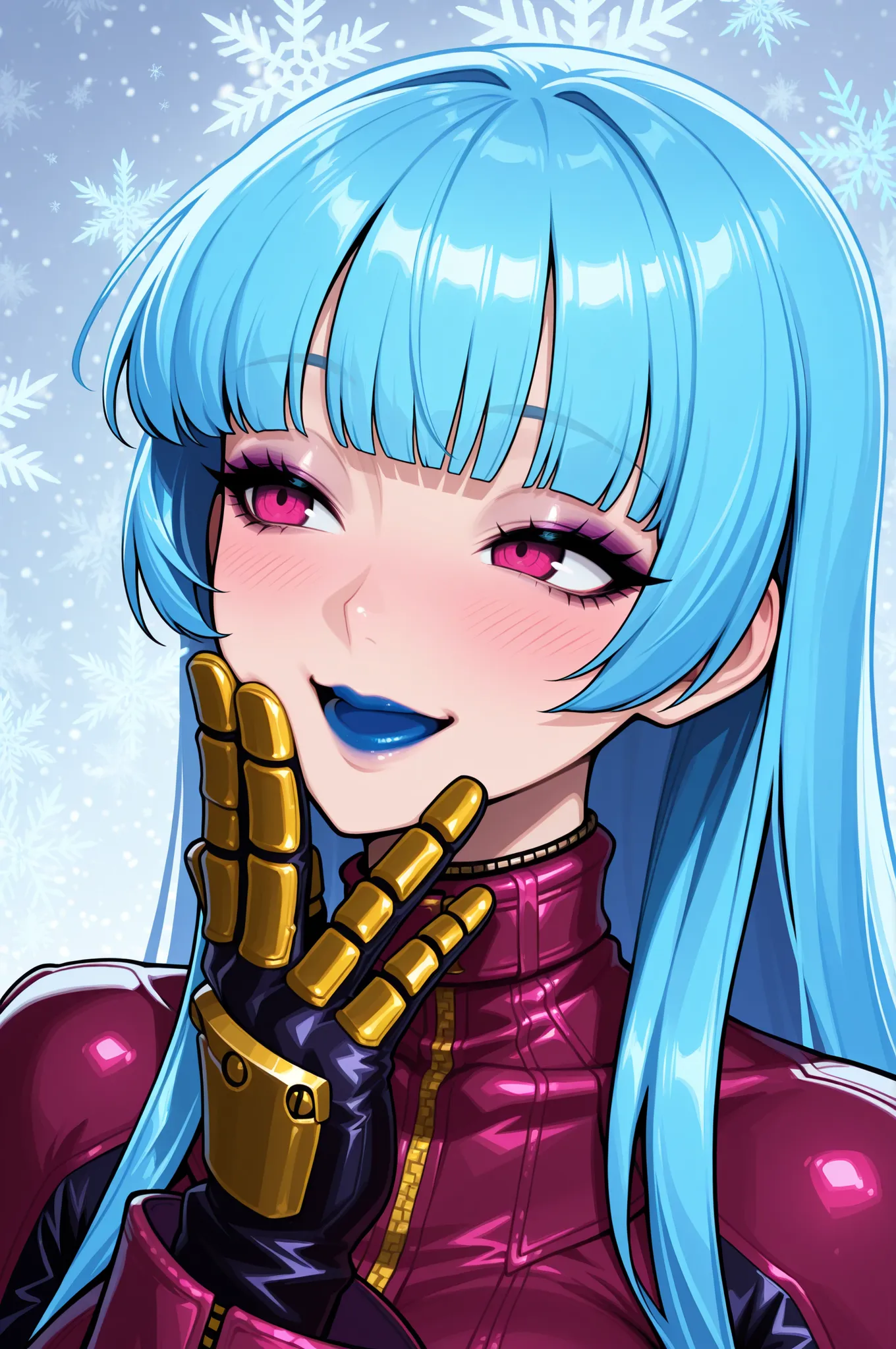 masterpiece, best quality, absurdres, newest, very aesthetic, amazing quality,highres, solo, Kula Diamond \(king of fighters\), blue hair, hime cut, purple eyes, gloves, (1girl), (detailed face:1.2), (detailed eyes:1.3), black eyeliner,purple eyeshadow, bl...