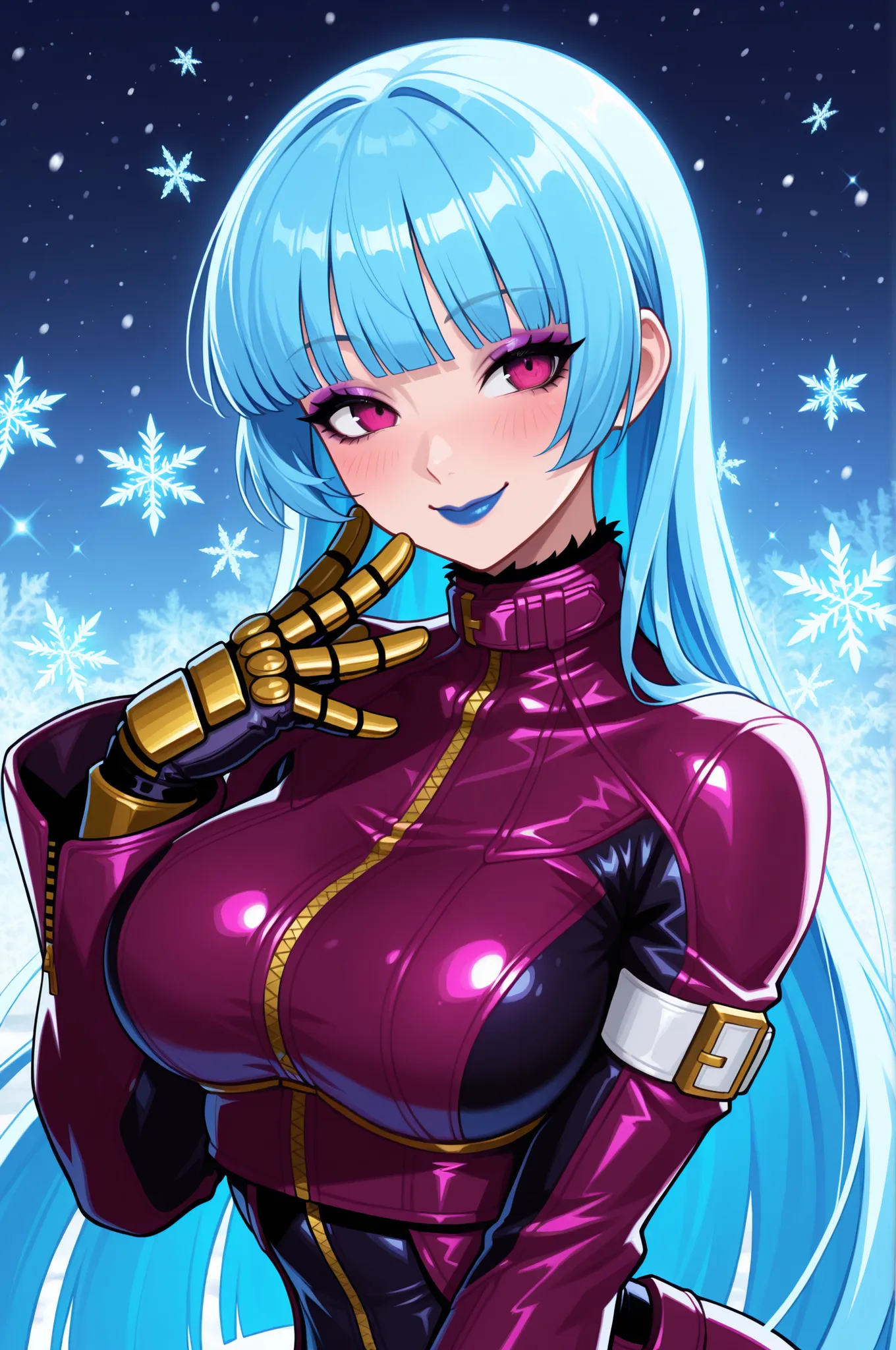 masterpiece, best quality, absurdres, newest, very aesthetic, amazing quality,highres, solo, Kula Diamond \(king of fighters\), blue hair, hime cut, purple eyes, gloves, (1girl), (detailed face:1.2), (detailed eyes:1.3), black eyeliner,purple eyeshadow, bl...