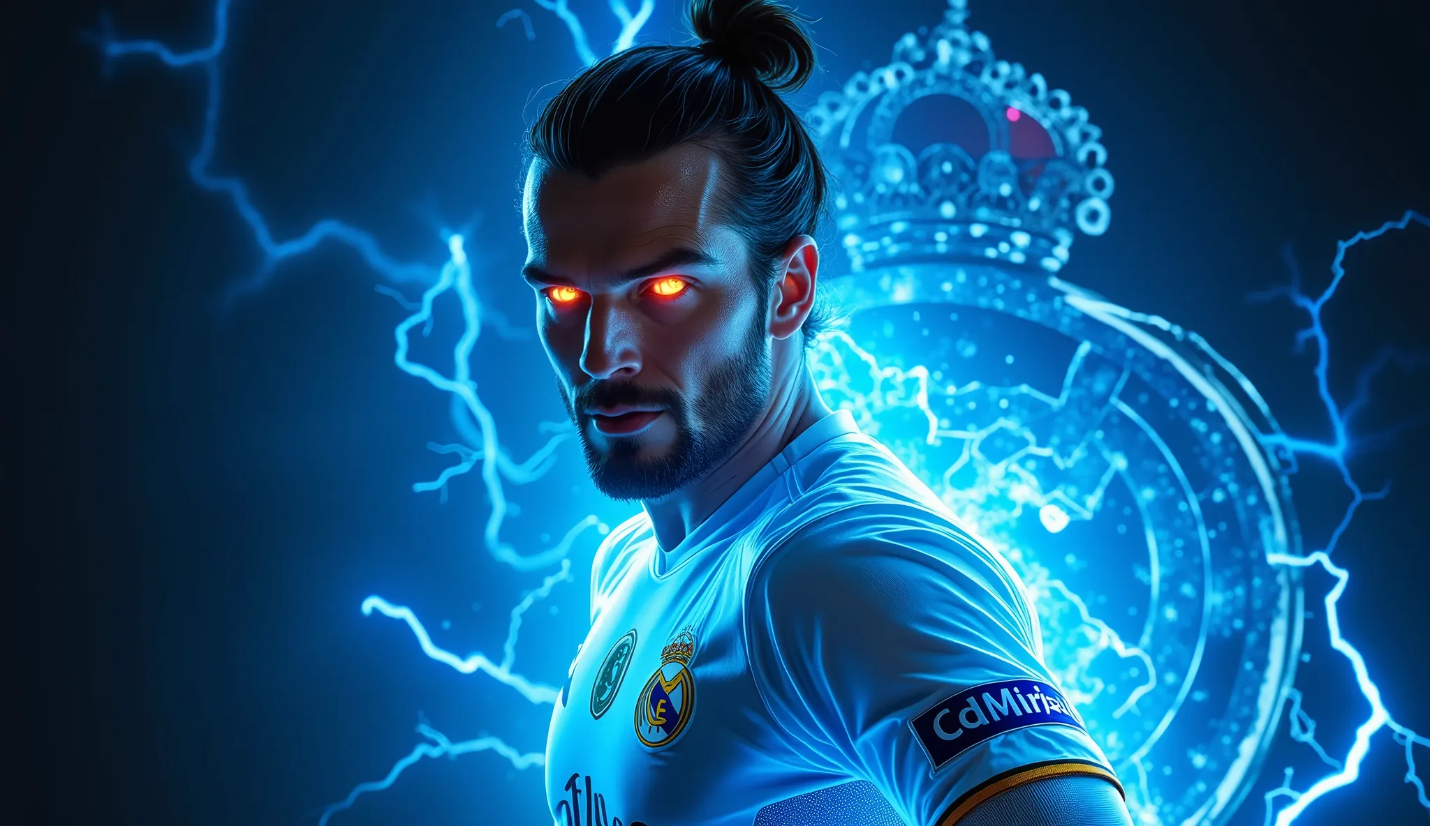 gareth bale wearing his iconic white Real Madrid jersey with number 11, with the Real Madrid emblem behind, ((blue energy, emanating black electrical energy,)) "A dynamic and electrifying thumbnail featuring gareth bale in a powerful pose, (lightning in ba...