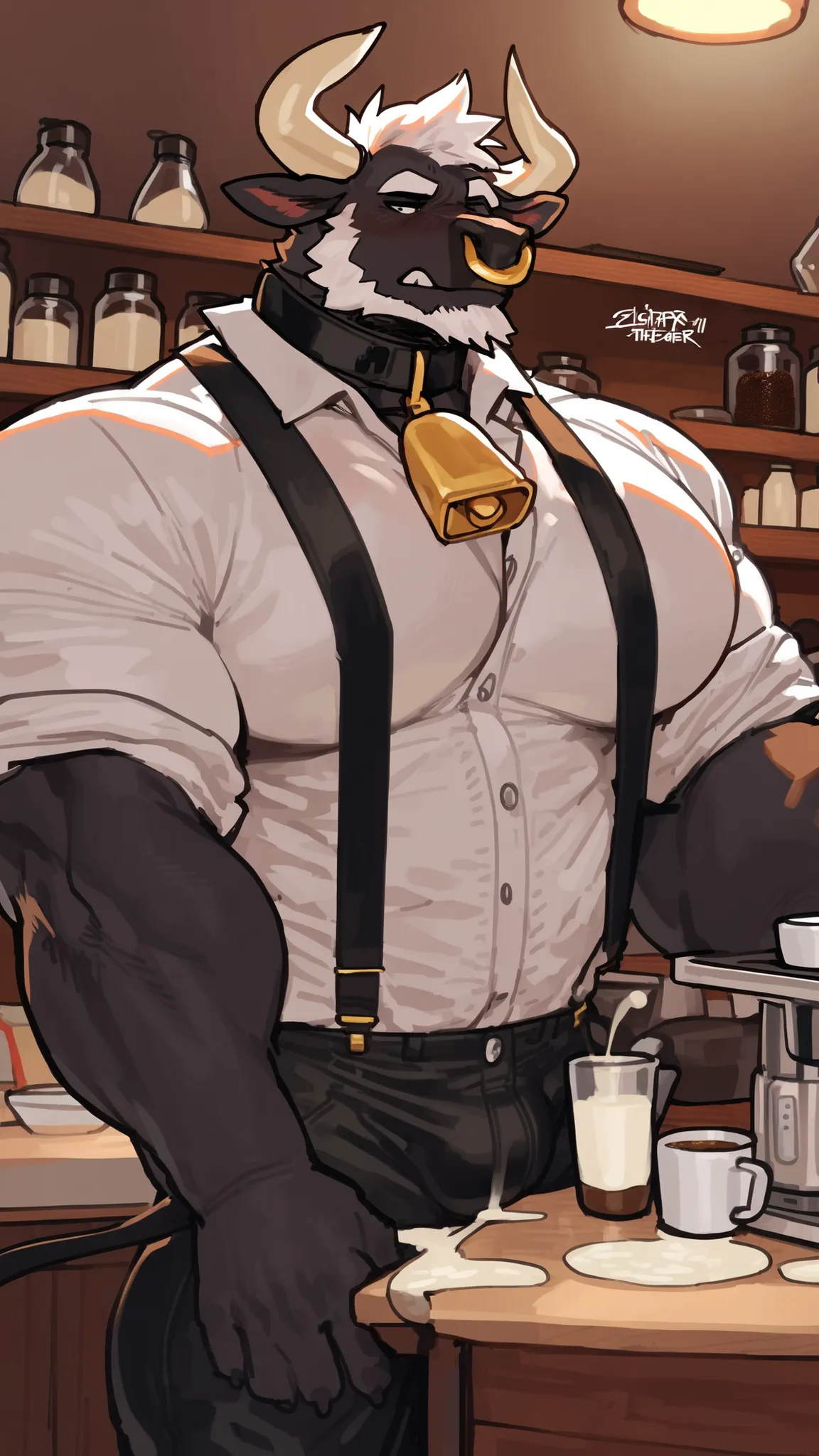 bara bull, (((solo))), ((bull face):1.1), bull nose ring, ((black fur):1.1), tall, big white bull horns, thick white beard, rugged face, large jaws, testosterone, full body, massive, very large pecs, wide shoulders, strong physique, very muscular, perfect ...
