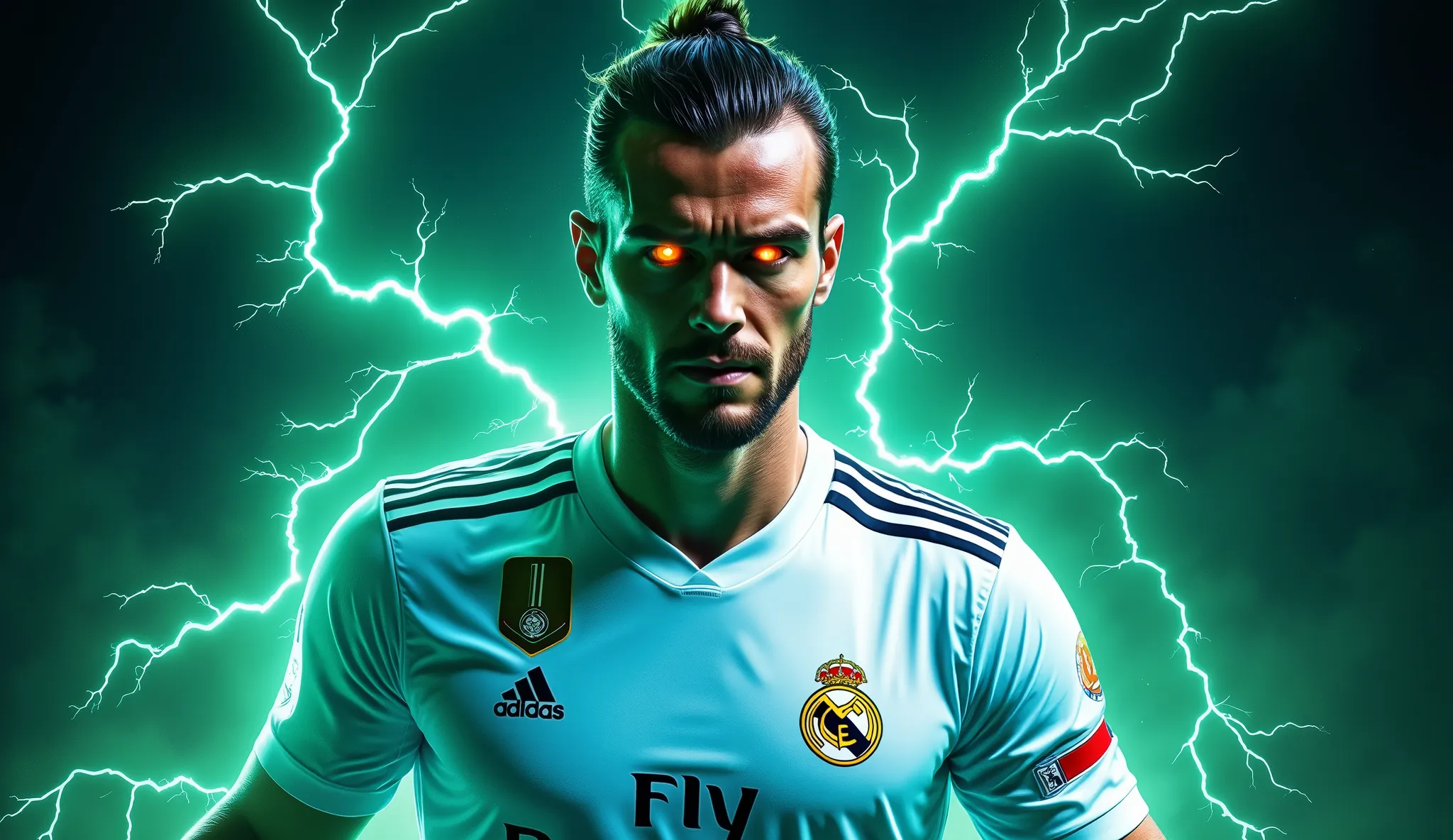 gareth bale wearing his iconic white Real Madrid jersey with number 11, with the Real Madrid emblem behind, ((blue green energy, emanating black electrical energy,)) "A dynamic and electrifying thumbnail featuring gareth bale in a powerful pose, (lightning...