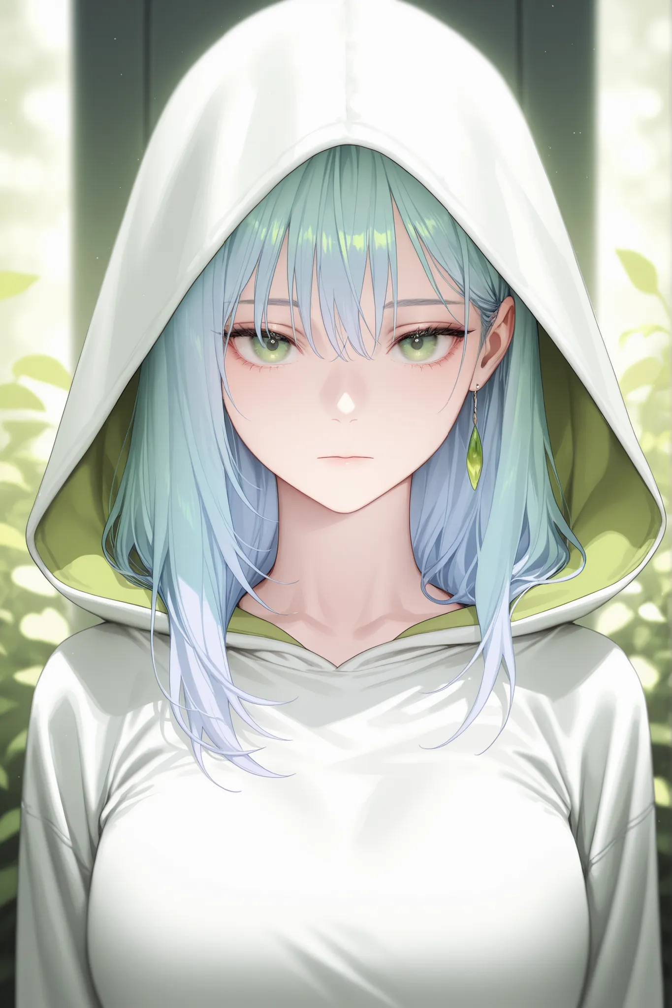 Han Myung, an adult, a beautiful woman, long light blue hair, light purple bridge hair, shiny green eyes, expressionless hood