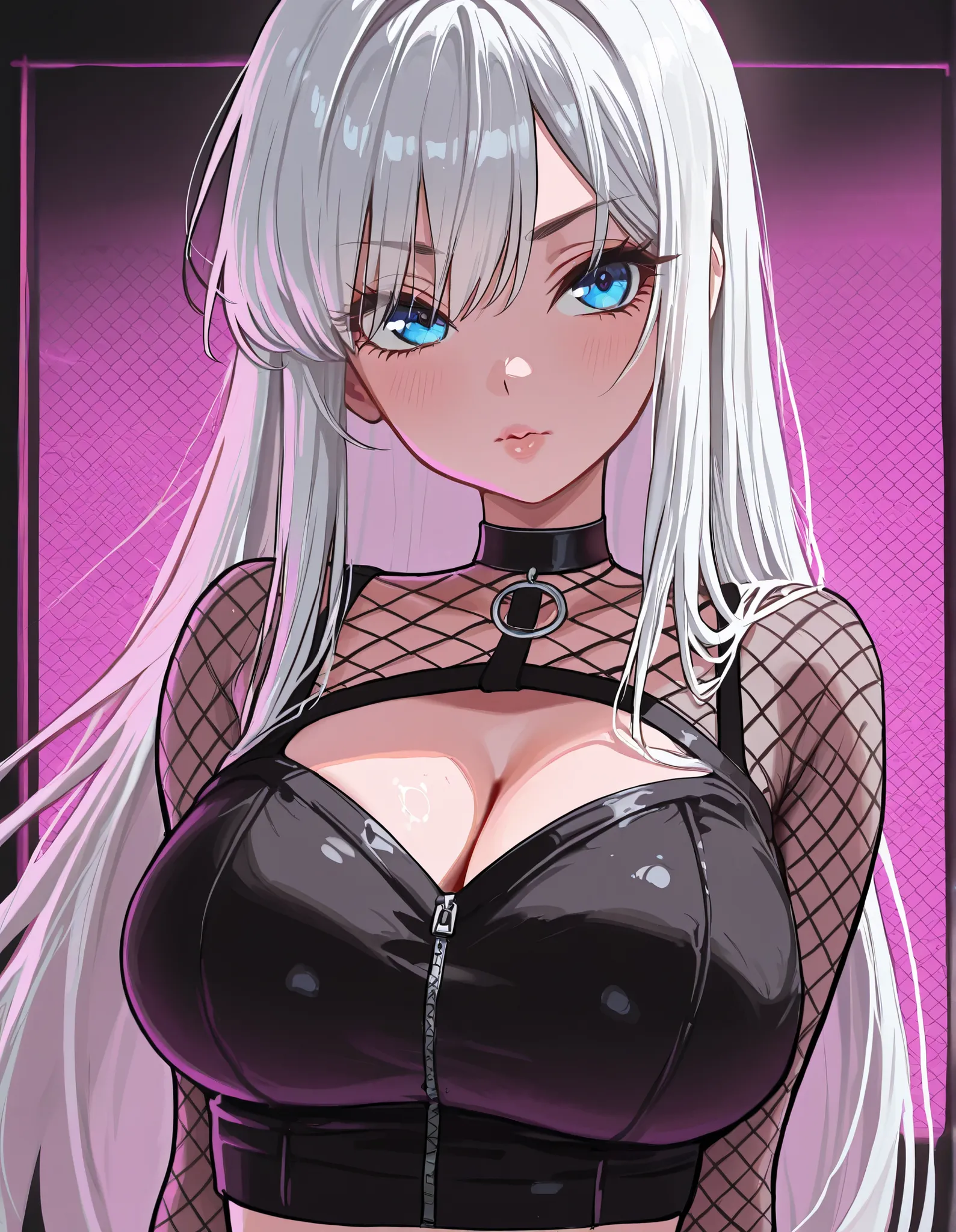 white long hair, blue eyes, straight hair, fishnet top, midrif, shinobi fashion, big chest, cleavage, crop top fishnet, black clothes, black choker,