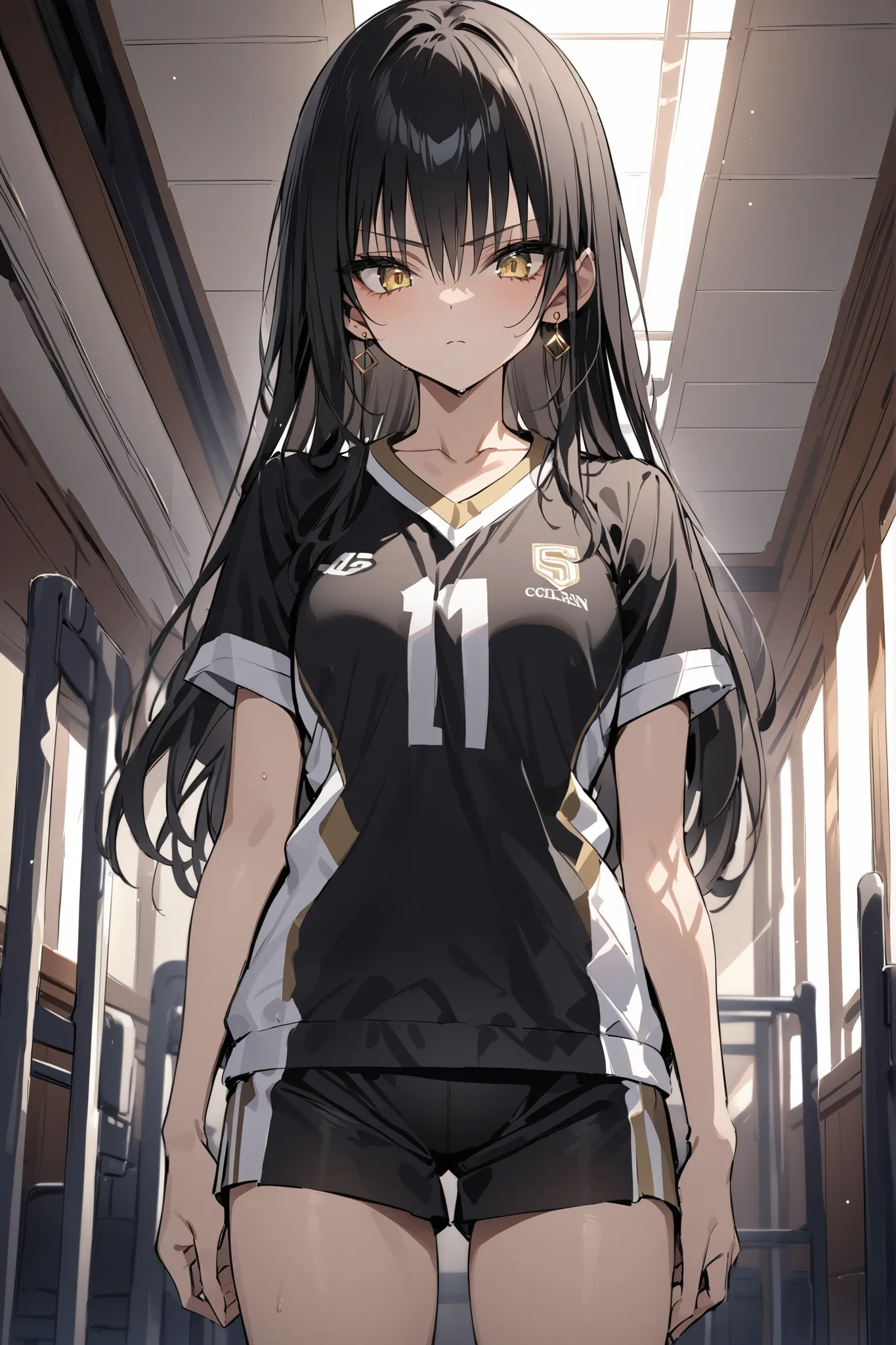 ((masterpiece,Highest Quality:1.2)),(soro),Slender, slender high school girl standing in the school gymnasium and looking down at you,cowboy shot,black long hair,Perfect yellow eyes, tree eyes ,serious expressionless,black color volleyball uniform,Gold Ear...