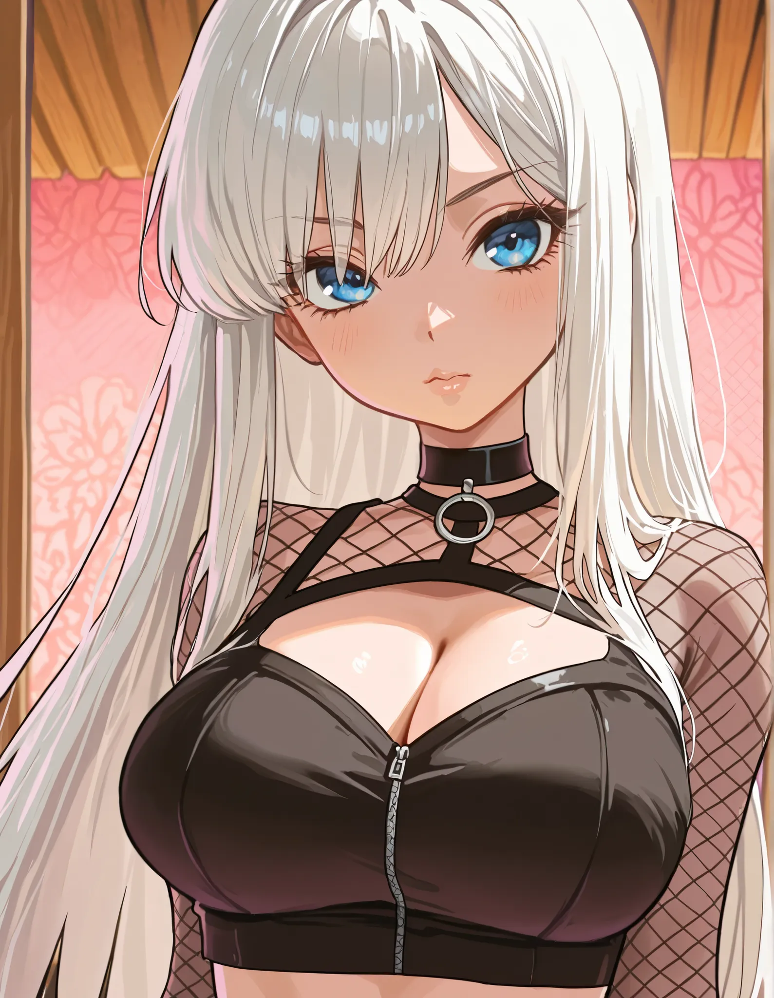 white long hair, blue eyes, straight hair, fishnet top, midrif, shinobi fashion, big chest, cleavage, crop top fishnet, black clothes, black choker, japaneese village background