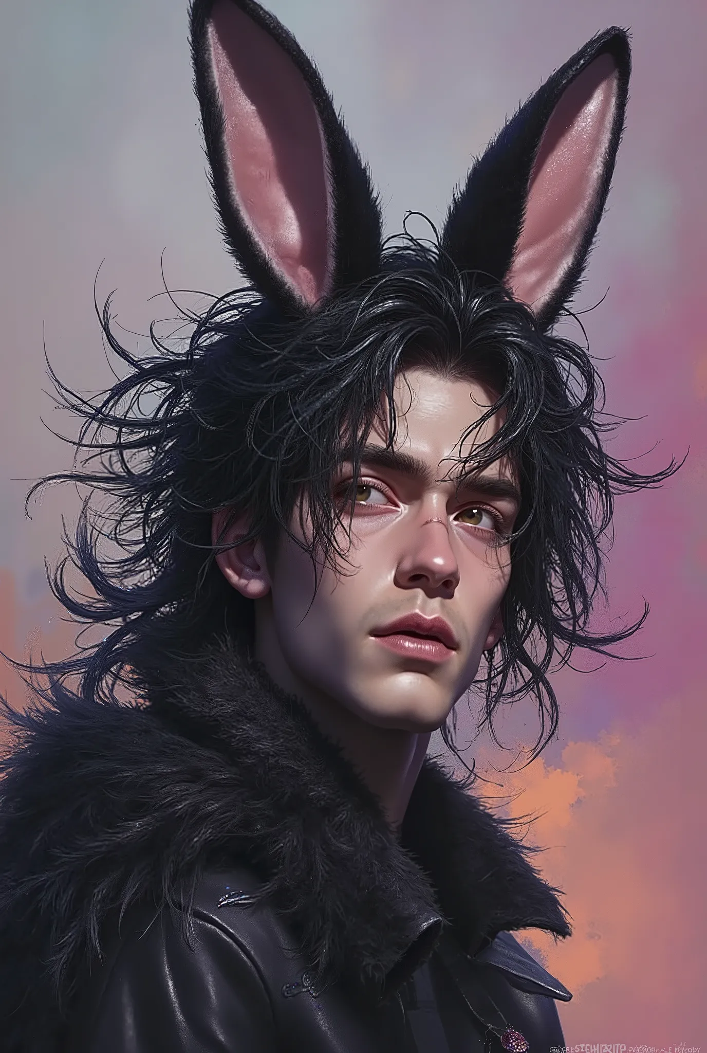 Design a chaotic bunny mascot! Rebel with a mohawk or cosmic glitter? Make it the quirkiest fluffball ever!: A man with long black hair, rabbit's ear and a tail.