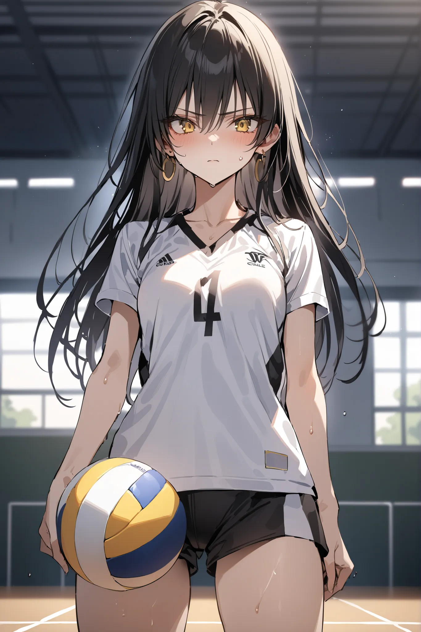 ((masterpiece,Highest Quality:1.2)),(soro),Slender, slender high school girl playing a volleyball game in the school gymnasium,sweat,cowboy shot,black long hair,Perfect yellow eyes, tree eyes ,serious expressionless,black color volleyball uniform,Gold Earr...