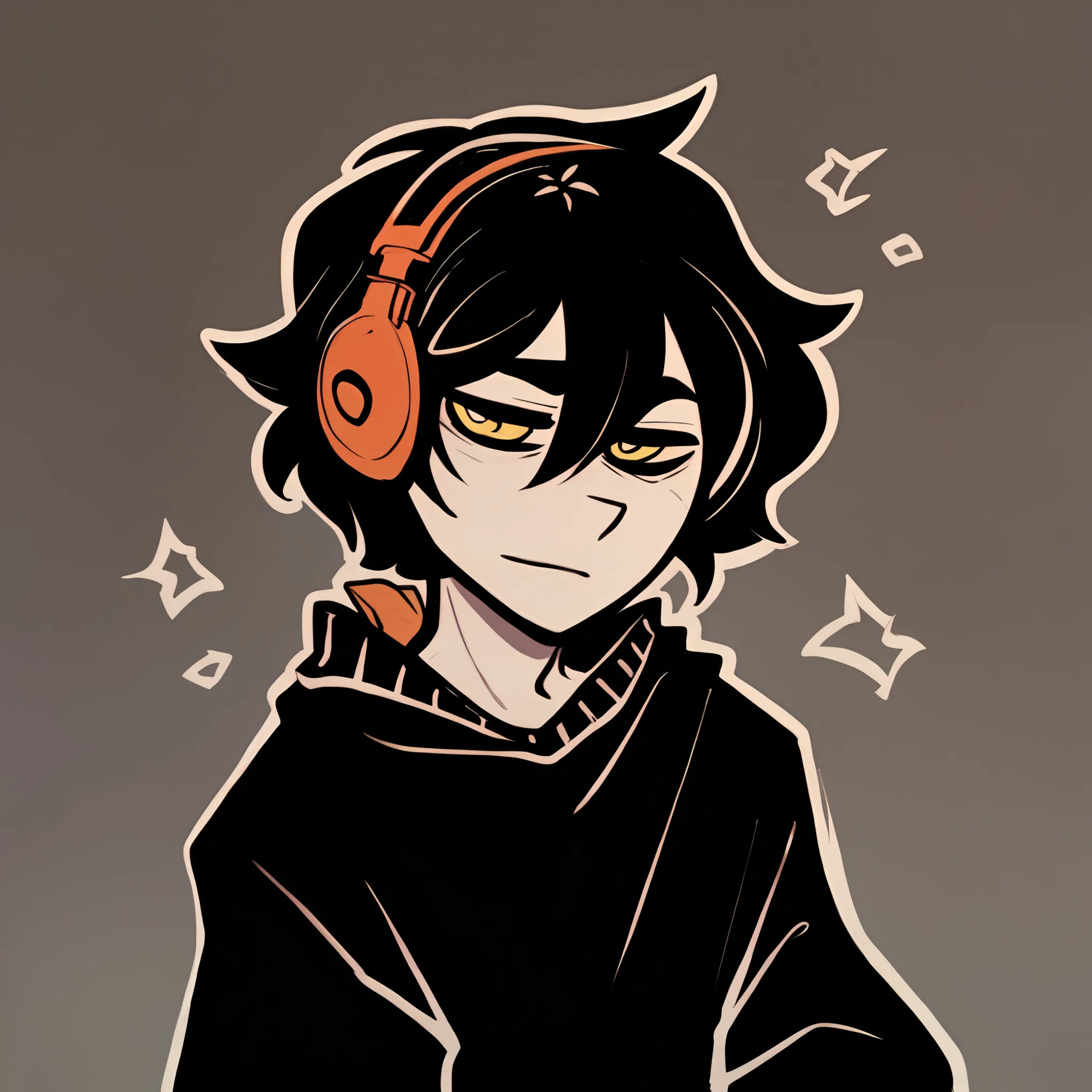 Tall boy with hoodie and headphones. Amber eyes, grinning, messy black hair