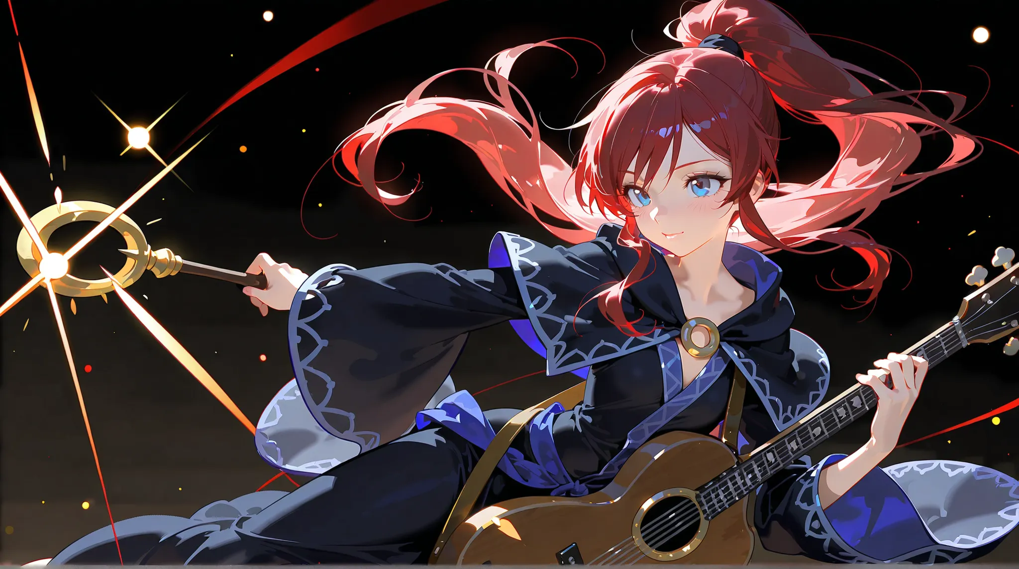 8K (high resolution) (Super Detailed)　(masterpiece)　(Top quality)　anime illustration taste　Detailed eyes　Detailed face　Detailed hands　Delicate hair　 detailed wrinkles on clothes　very elaborate body to hold a guitar　Fine Skin　healthy skin tone with ro in th...
