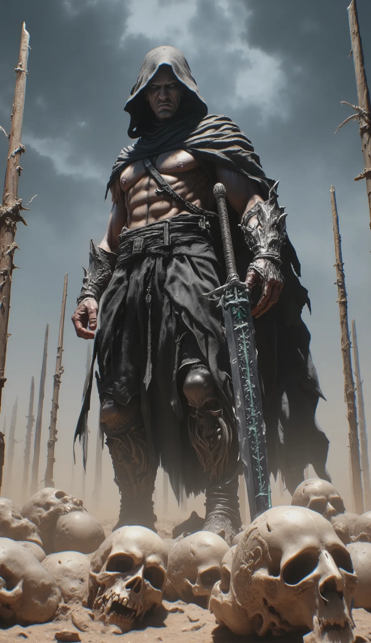 A kinetic cinematic eerie digital painting of a powerful dark fantasy warrior standing in a desert of skulls impaled on tall spears, wearing a tattered black hooded cloak, muscular arm exposed, dark enchanted armor with intricate demonic engravings, ((hold...