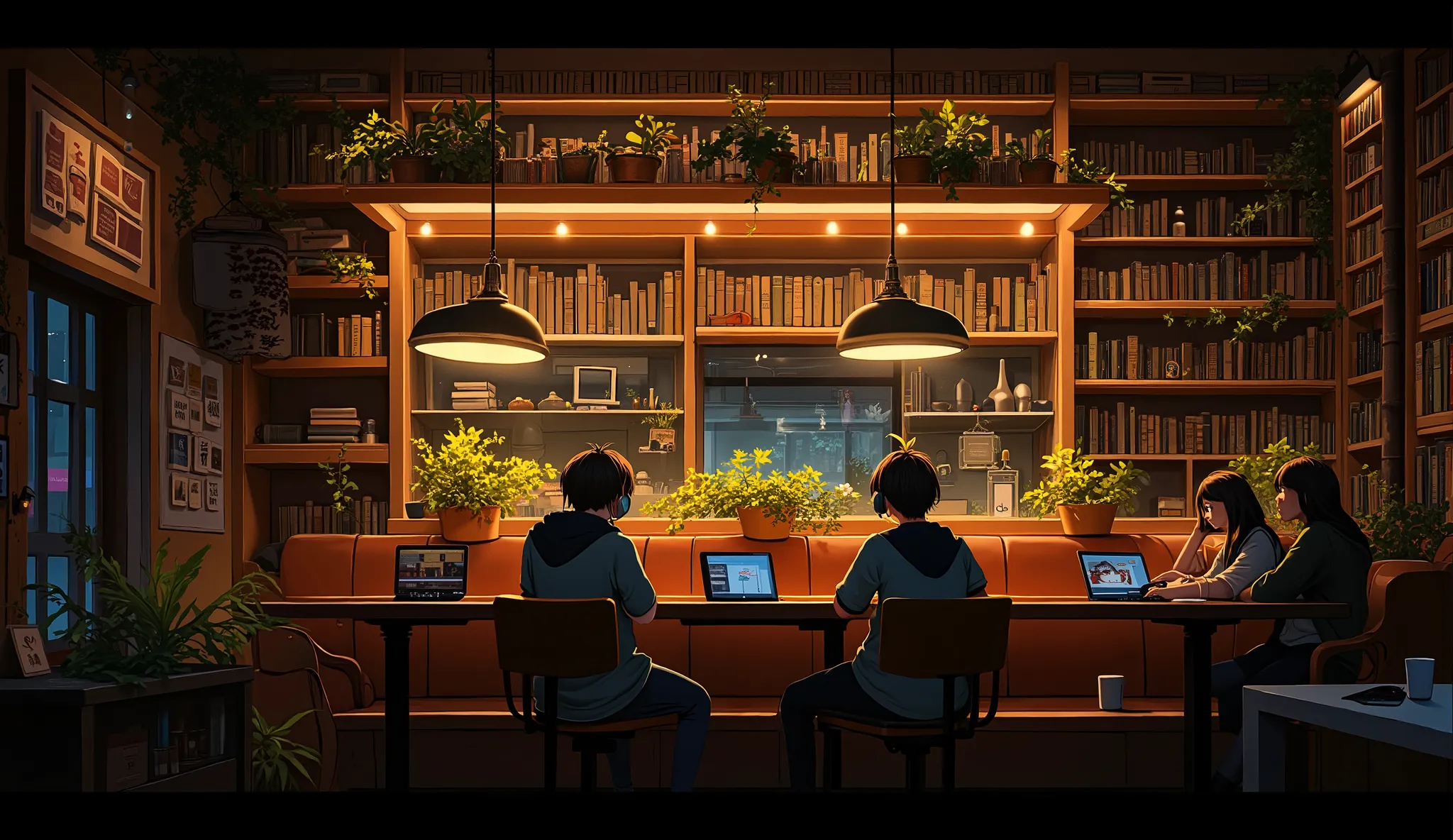 Modern Anime Style. Anime-style view of a cafe filled with books and plants, focus on some characters studying with headphones, warm tone