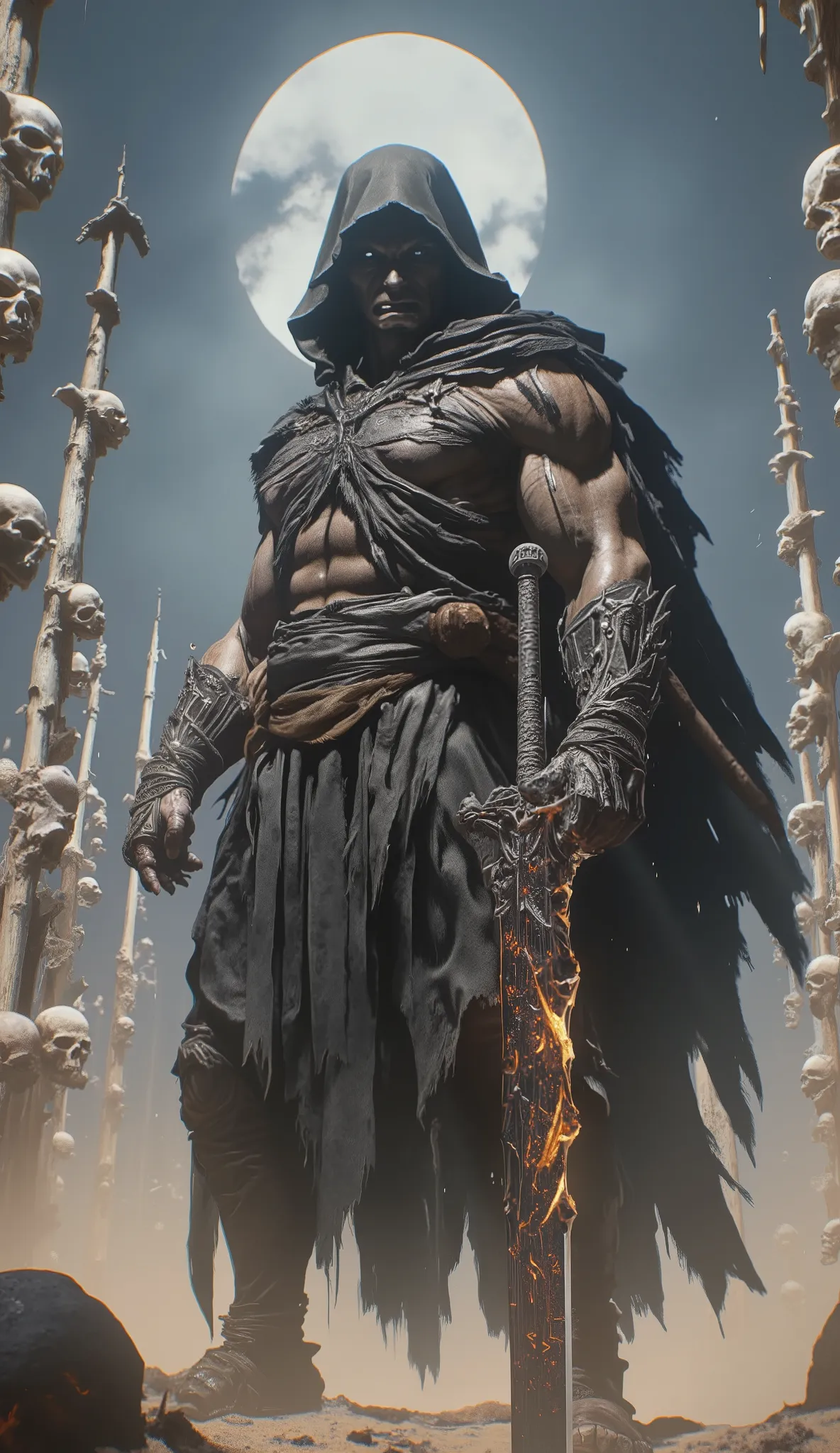 A kinetic cinematic eerie digital painting of a powerful dark fantasy warrior standing in a desert of ((skulls impaled on tall spears)), wearing a tattered black hooded cloak, muscular arm exposed, dark enchanted armor with intricate demonic engravings, ((...